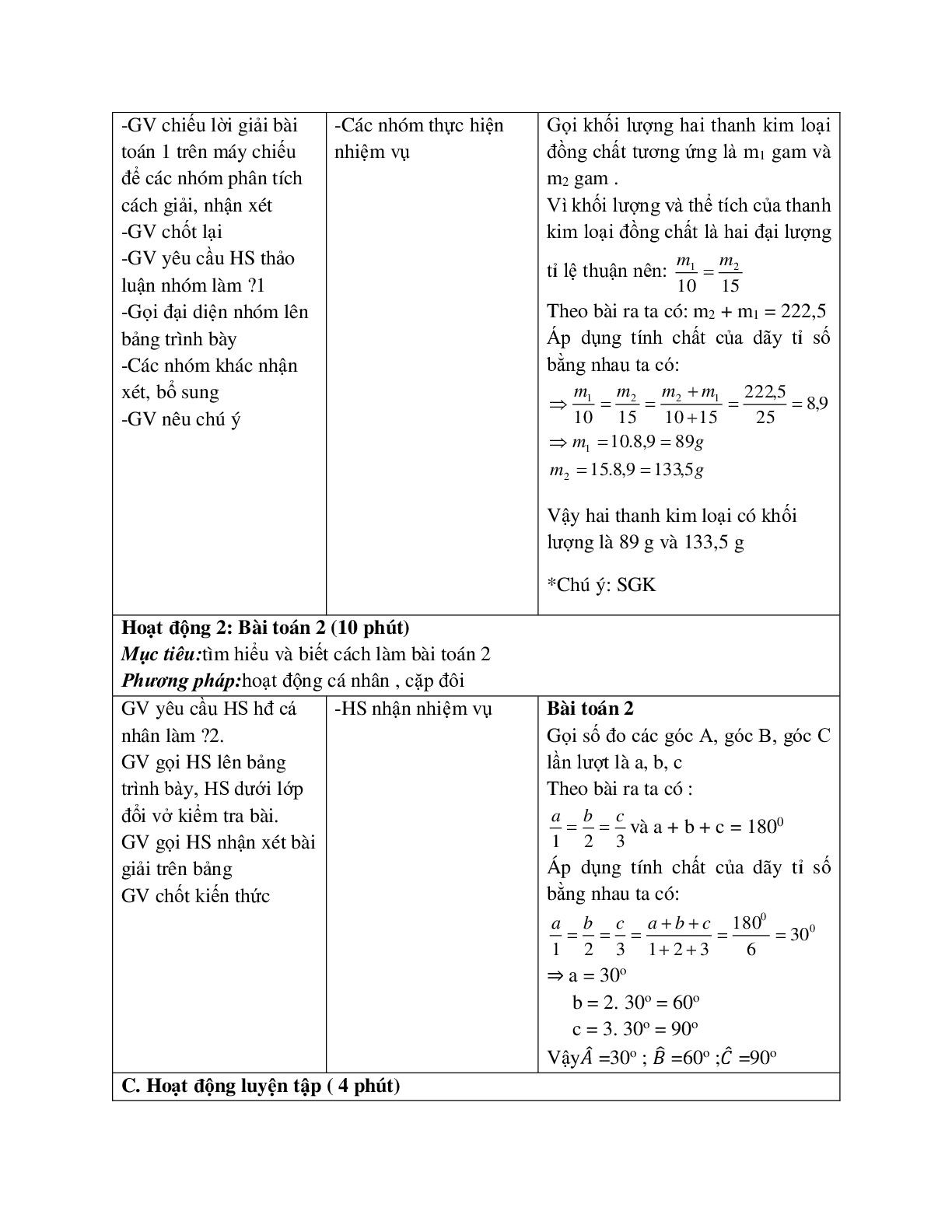 Giáo án Toán học 7 bài 2: Một số bài toán về đại lượng tỉ lệ thuận hay nhất (trang 2)