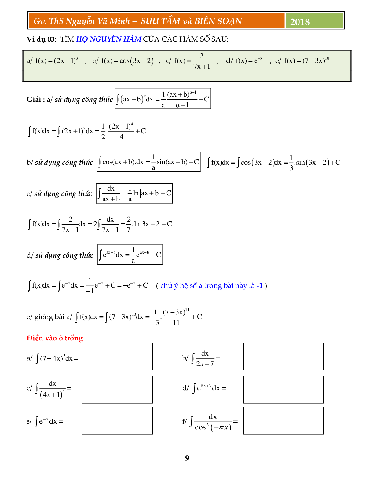 Phân loại dạng và phương pháp giải nhanh nguyên hàm tích phân - Nguyễn Vũ Minh - tập 1 (trang 10)