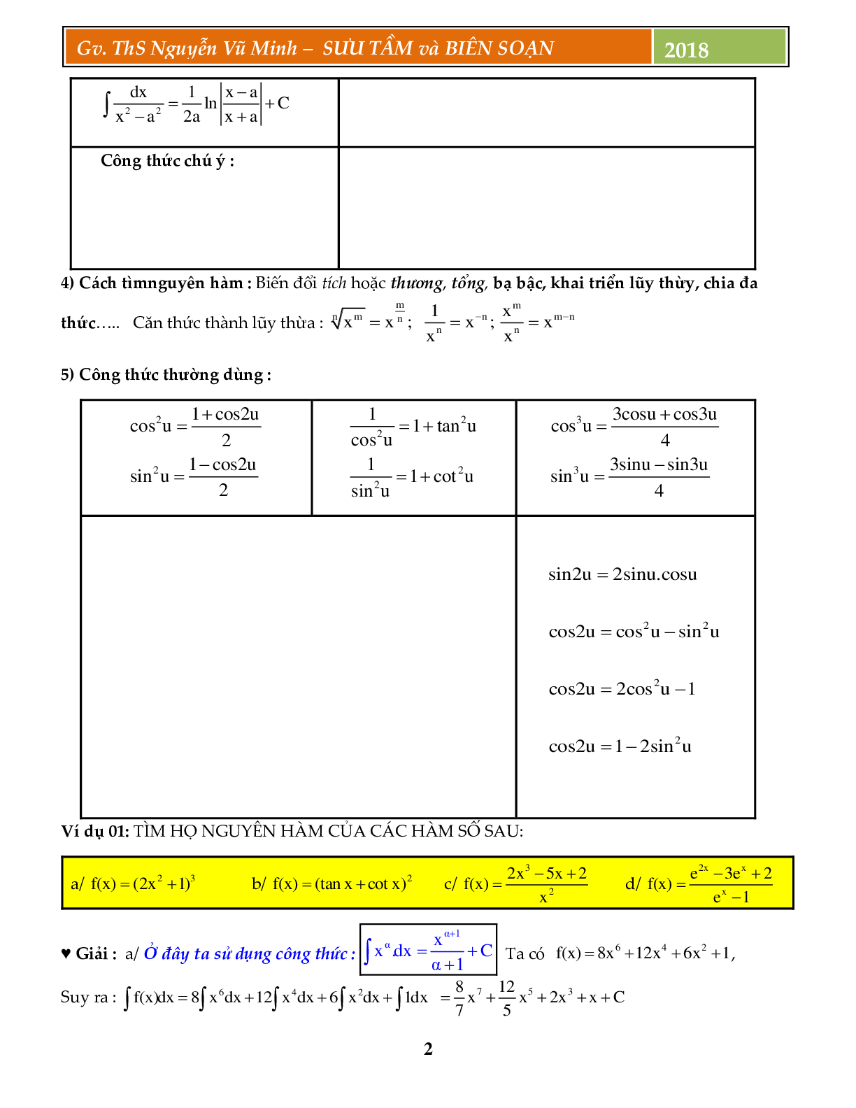 Phân loại dạng và phương pháp giải nhanh nguyên hàm tích phân - Nguyễn Vũ Minh - tập 1 (trang 3)