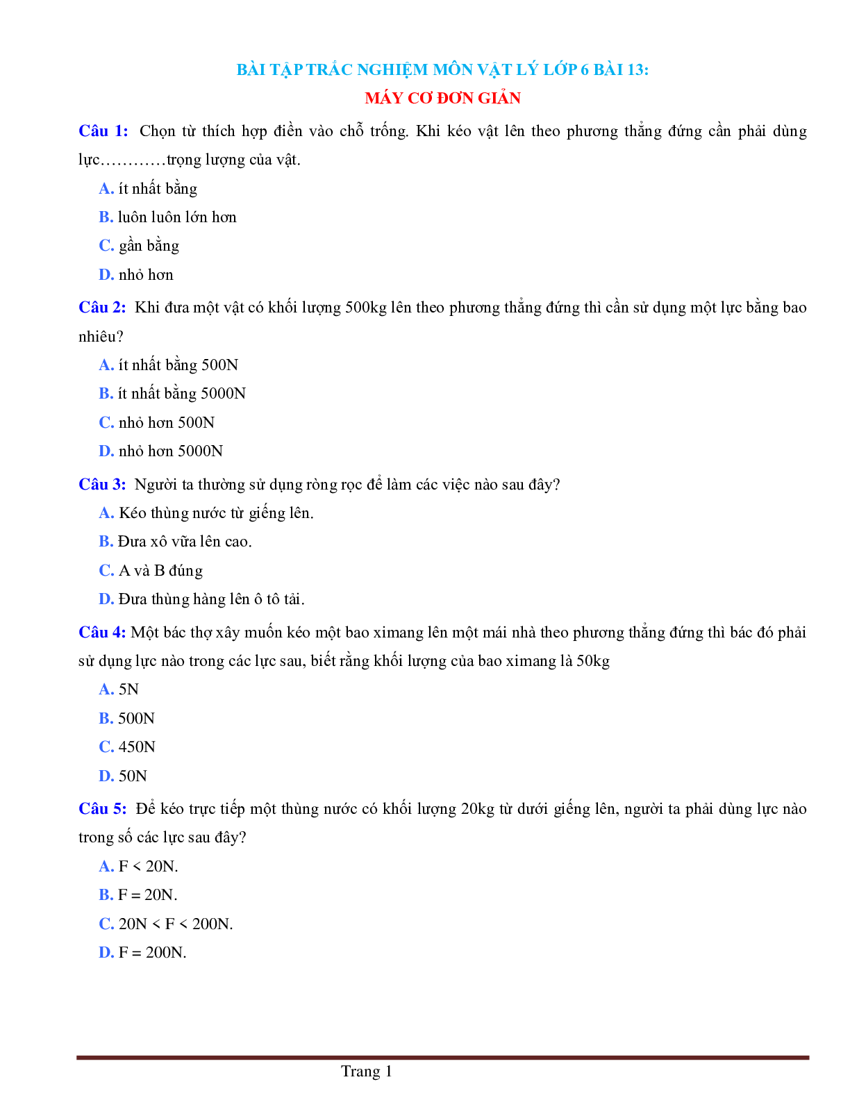 BÀI TẬP TRẮC NGHIỆM MÔN VẬT LÝ LỚP 6 BÀI 13: MÁY CƠ ĐƠN GIẢN CÓ ĐÁP ÁN (trang 1)