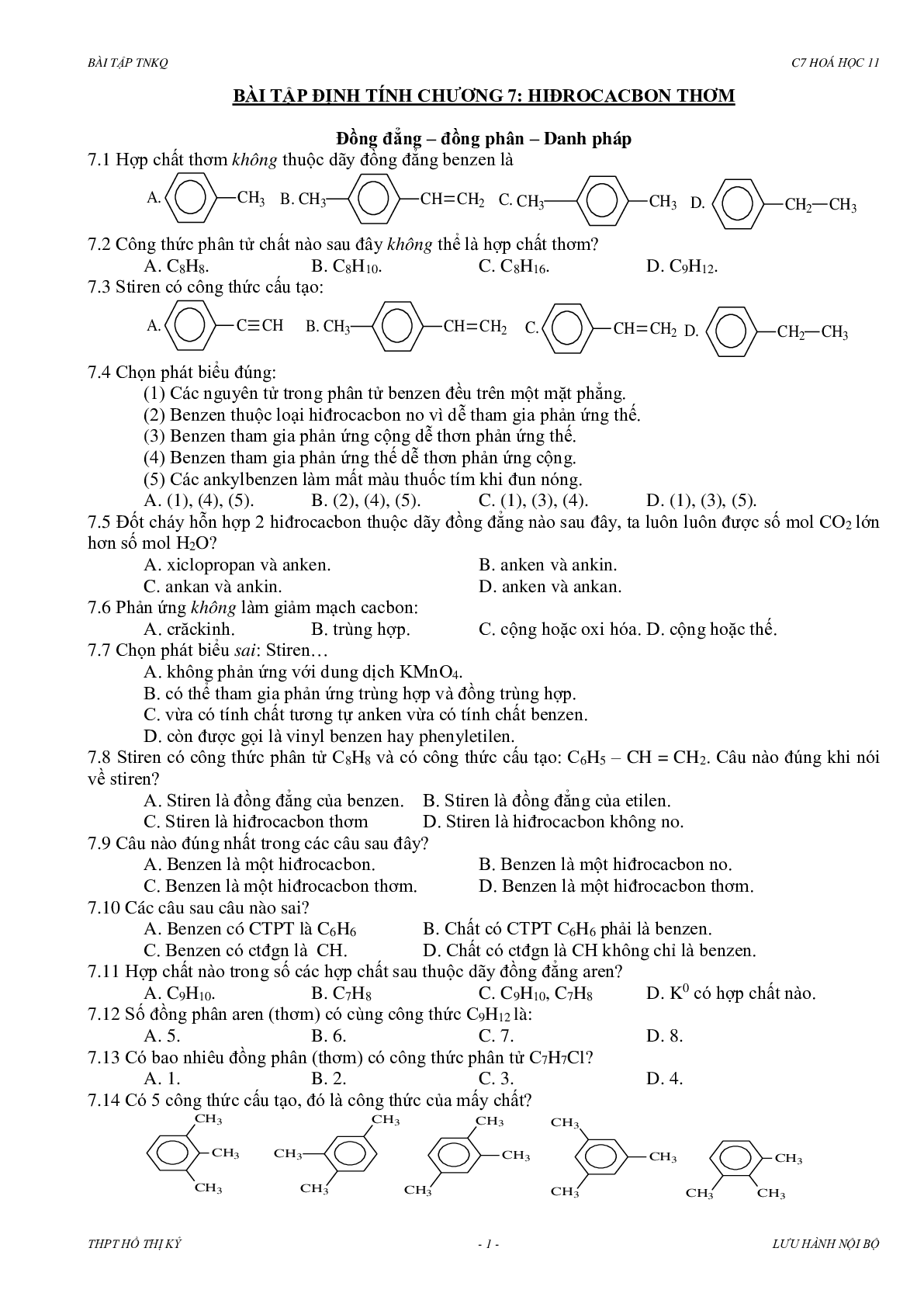 Bài tập về hidrocacbon thơm có đáp án, chọn lọc (trang 1)
