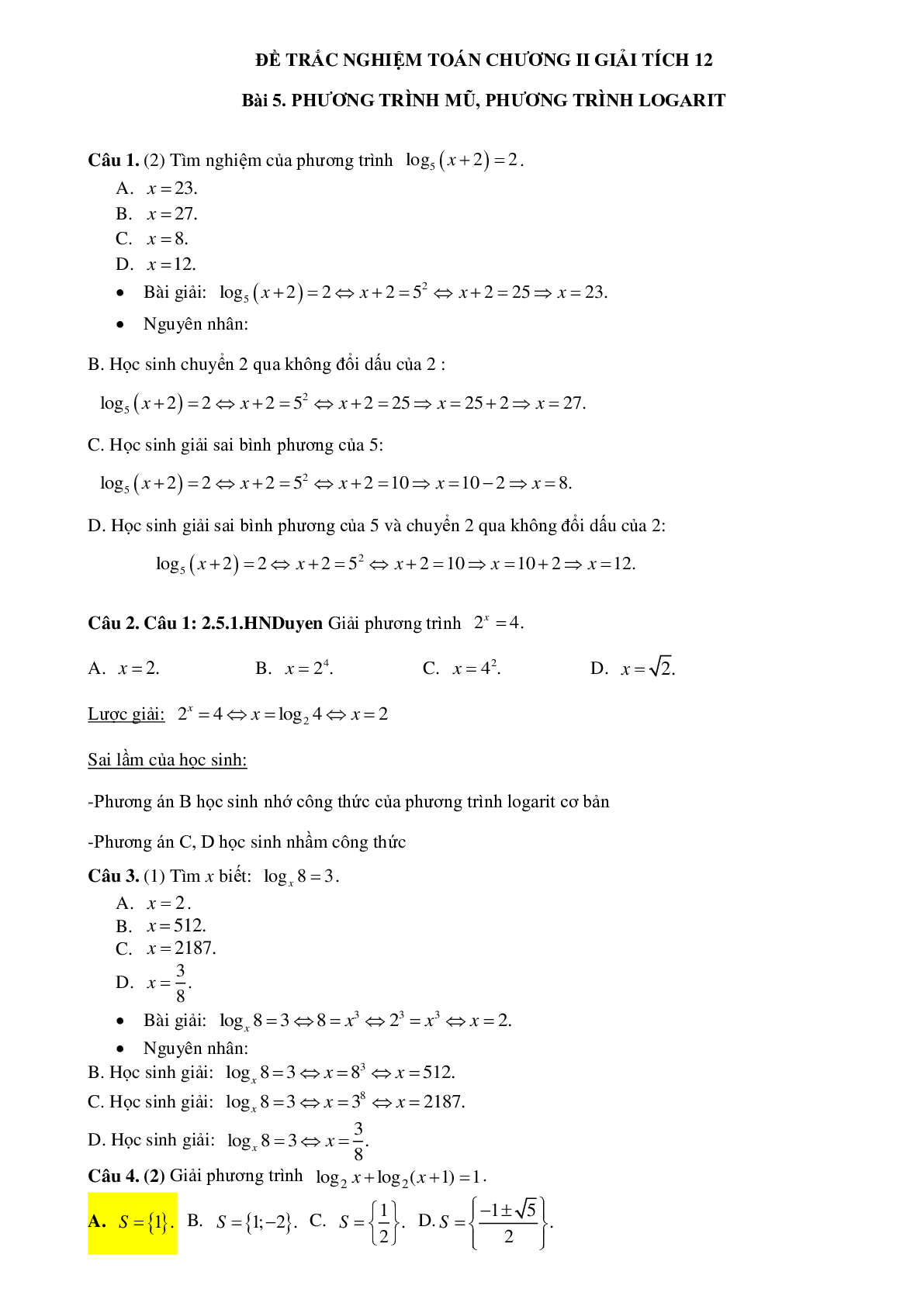 43 câu Trắc nghiệm Phương trình mũ và logarit có đáp án 2023 – Toán 12 (trang 1)