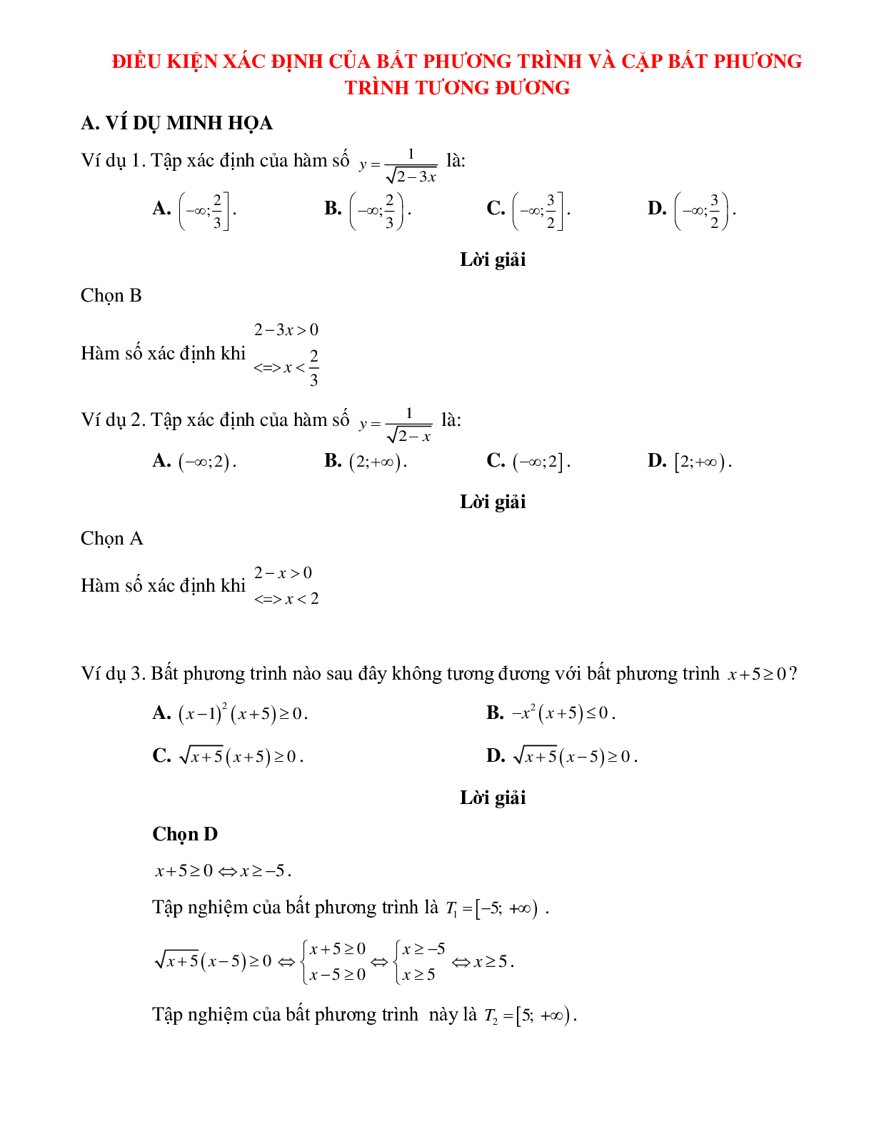 Bài tập điều kiện xác định của bất phương trình và cặp bất phương trình tương đương Toán 10 (trang 1)