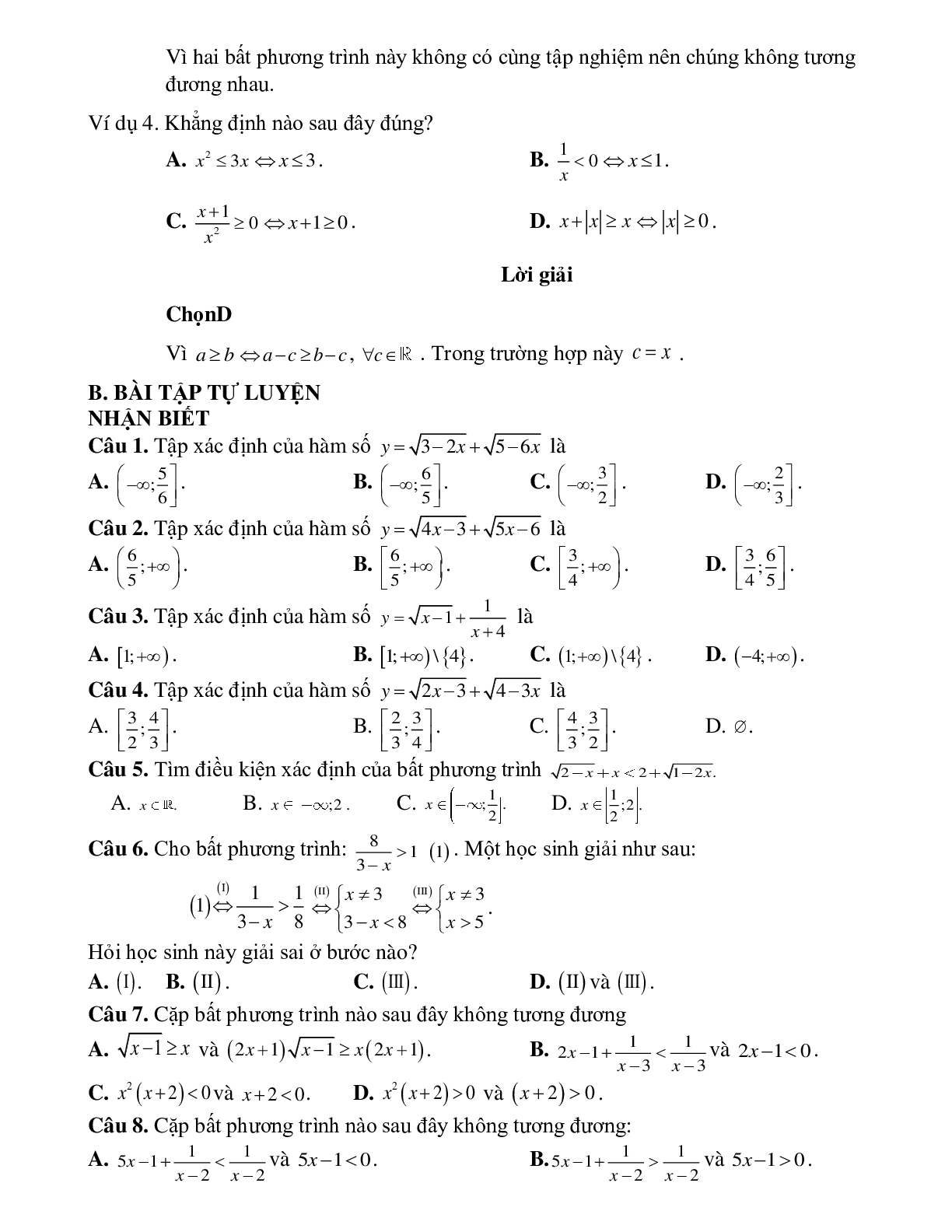 Bài tập điều kiện xác định của bất phương trình và cặp bất phương trình tương đương Toán 10 (trang 2)