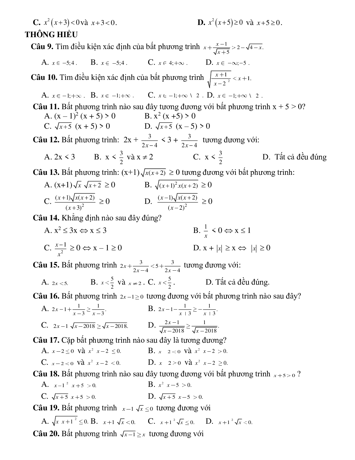 Bài tập điều kiện xác định của bất phương trình và cặp bất phương trình tương đương Toán 10 (trang 3)