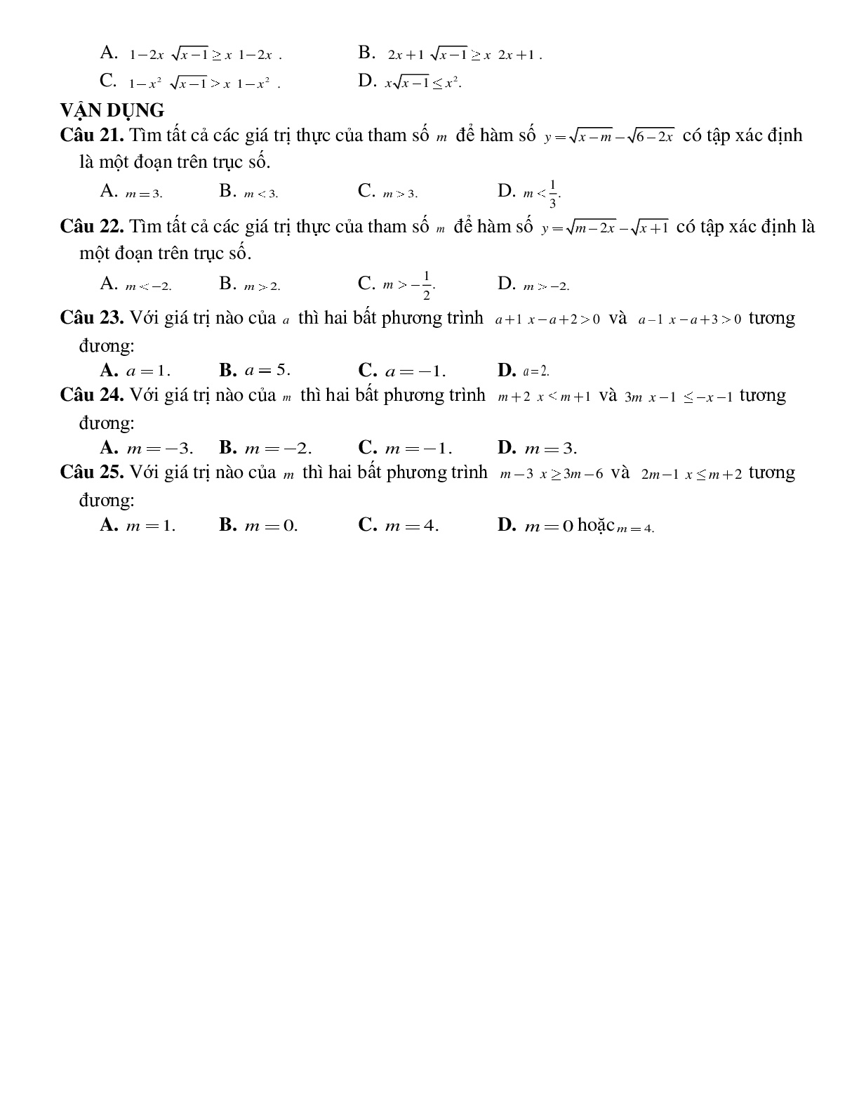 Bài tập điều kiện xác định của bất phương trình và cặp bất phương trình tương đương Toán 10 (trang 4)