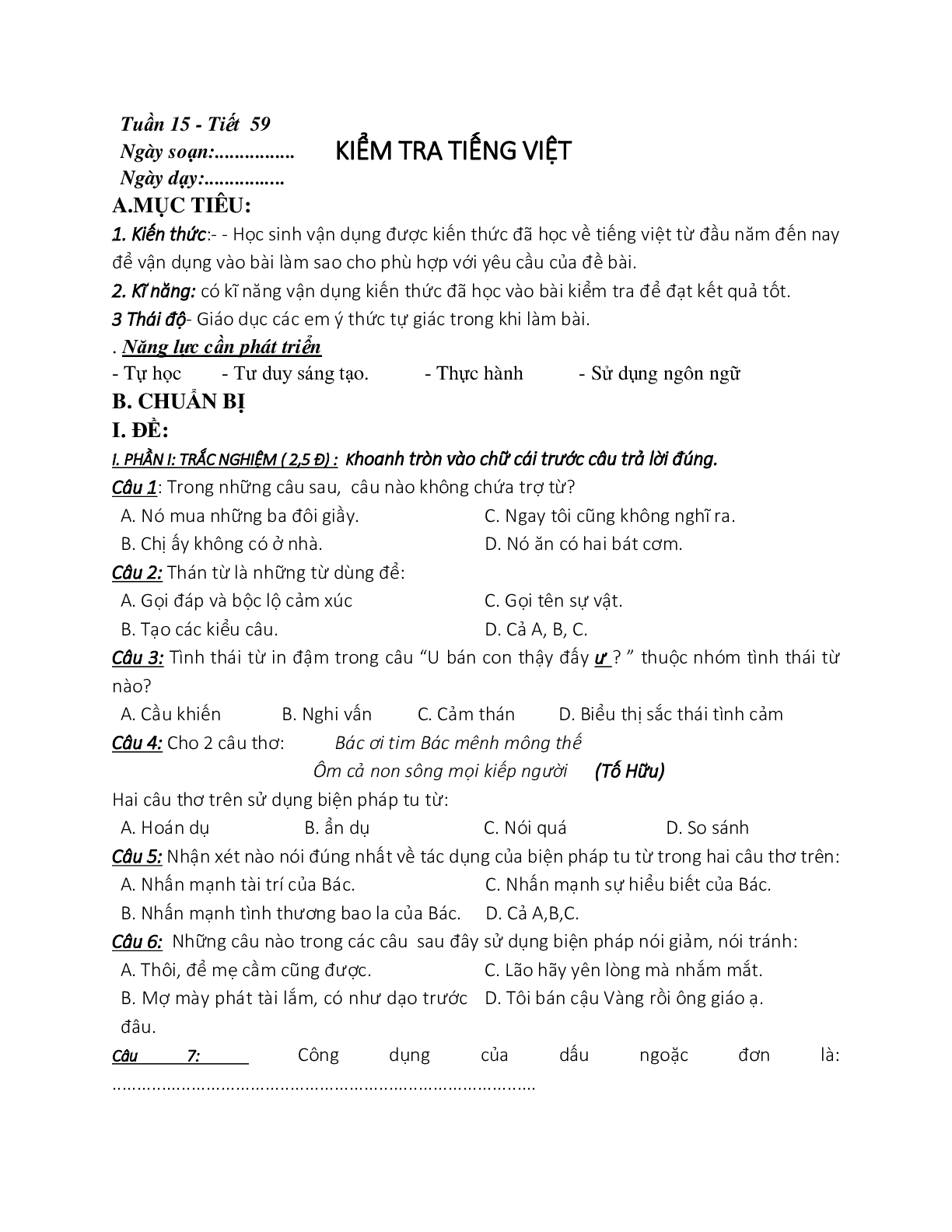 Giáo án ngữ văn lớp 8 Tuần 15 Tiết 59: Kiểm tra tiếng việt (trang 1)