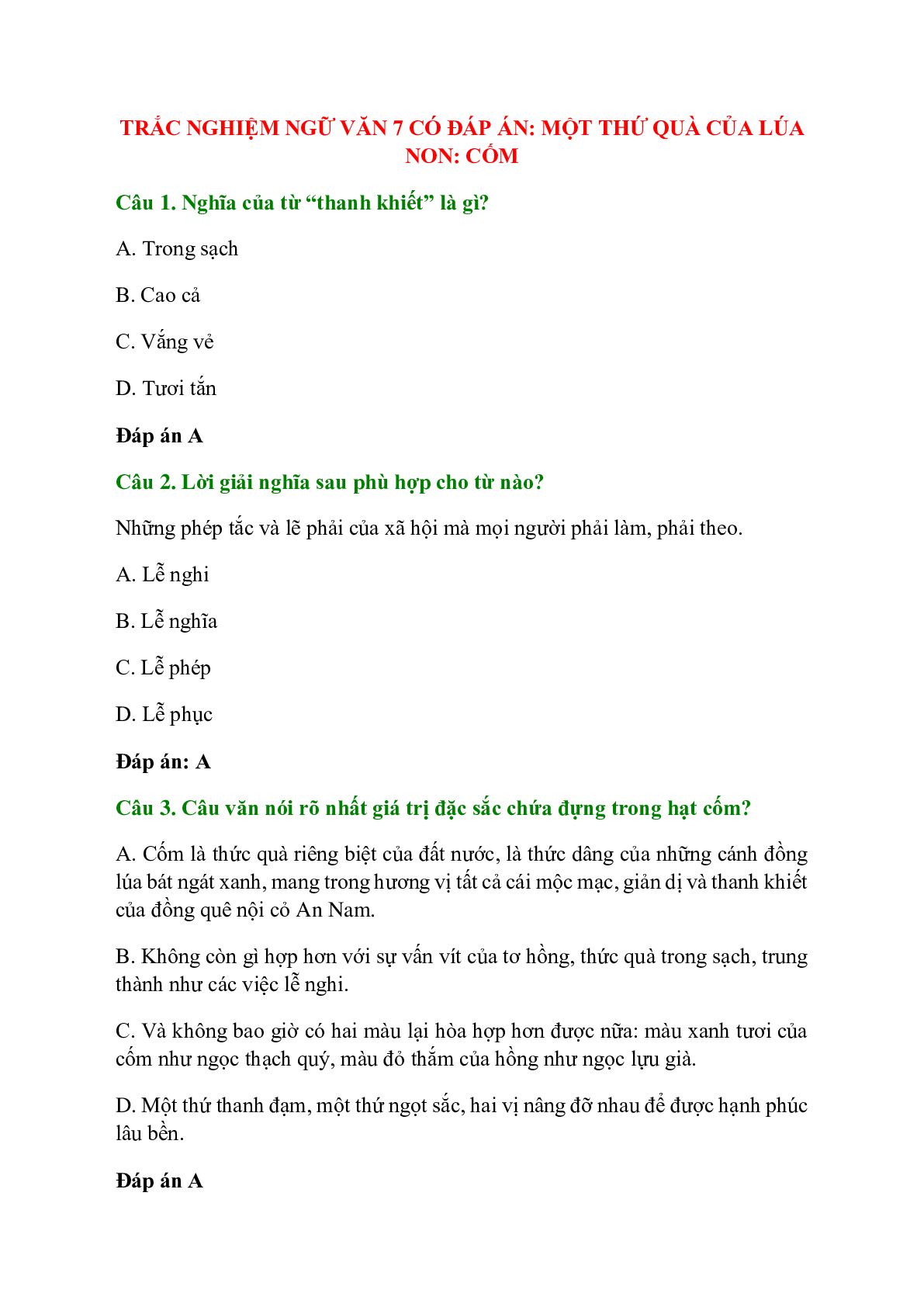 Trắc nghiệm Một thứ quà của lúa non: Cốm có đáp án – Ngữ văn lớp 7 (trang 1)