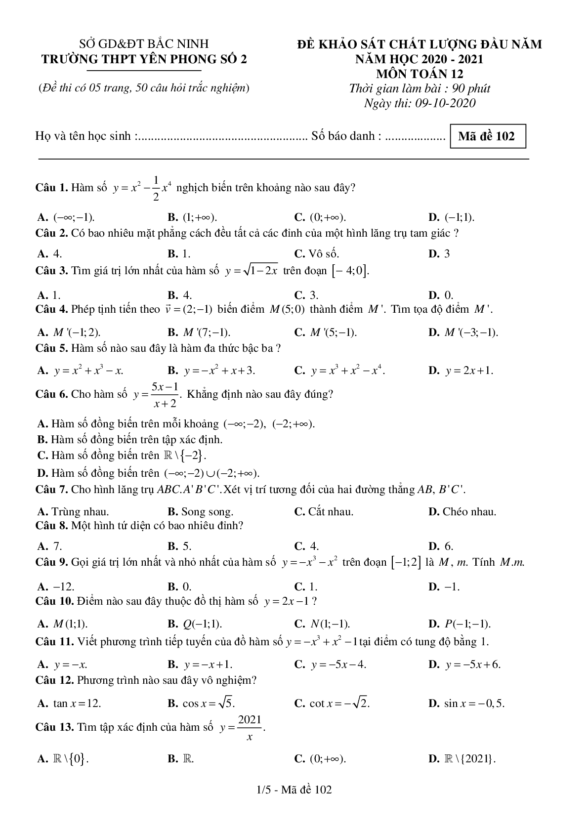Đề KSCL đầu năm Toán 12 năm 2020 – 2021 trường Yên Phong 2 – Bắc Ninh có đáp án (trang 6)