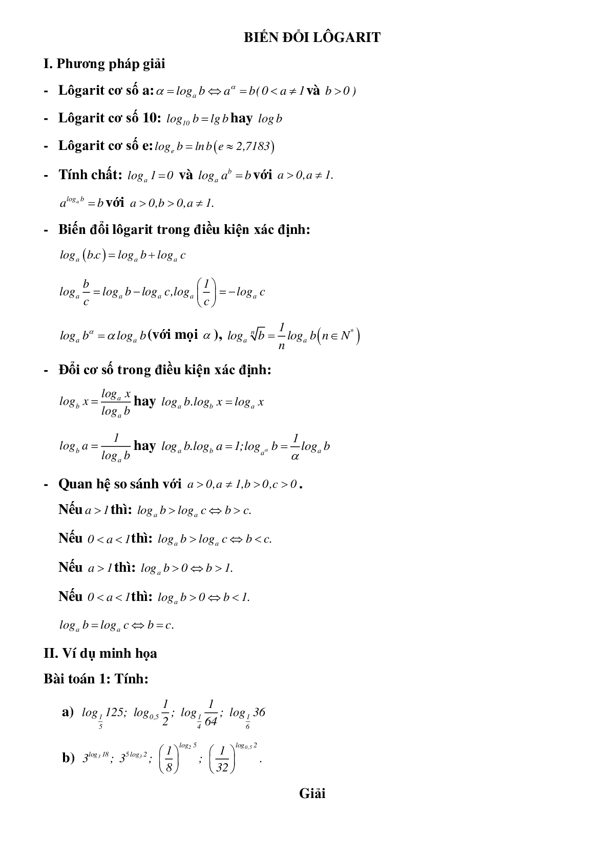 Dạng bài tập Biến đổi logarit (trang 1)