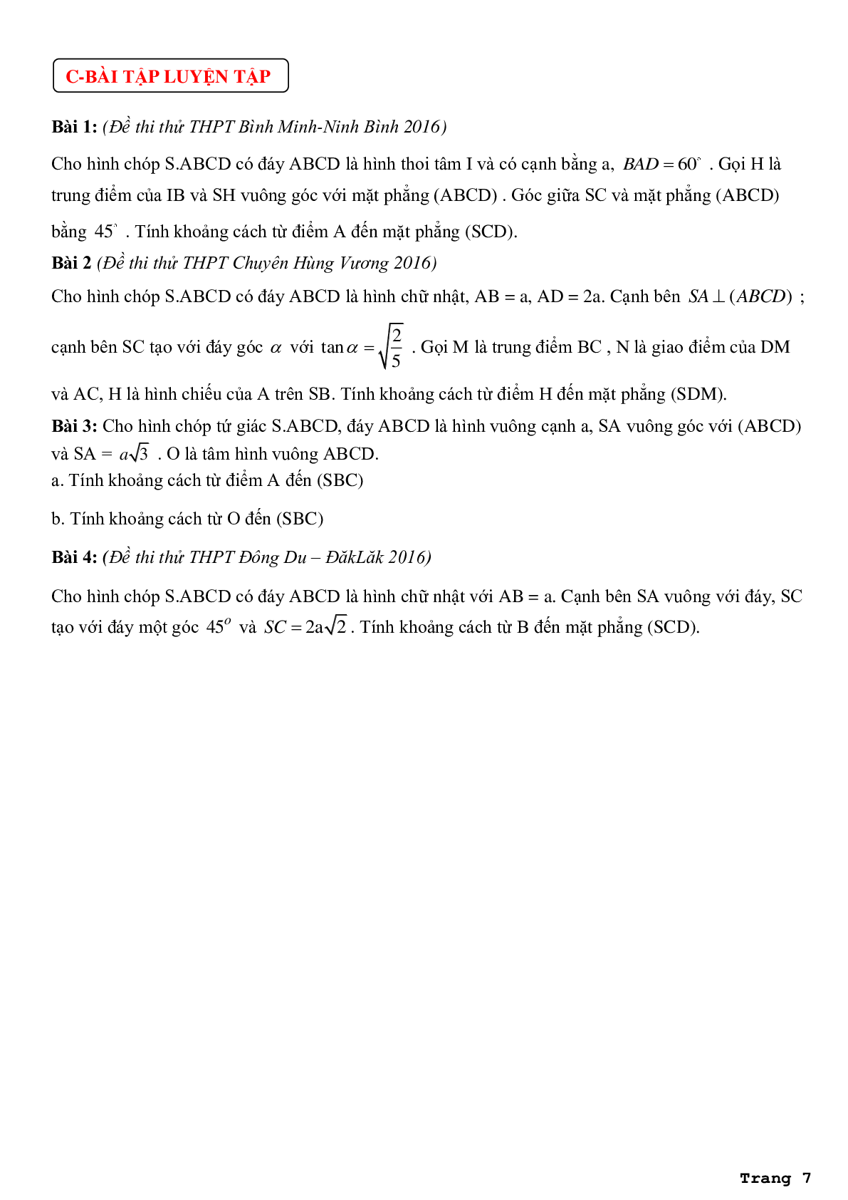 Phân dạng bài tập và phương pháp giải bài toán về khoảng cách từ điểm đến mặt phẳng (trang 7)