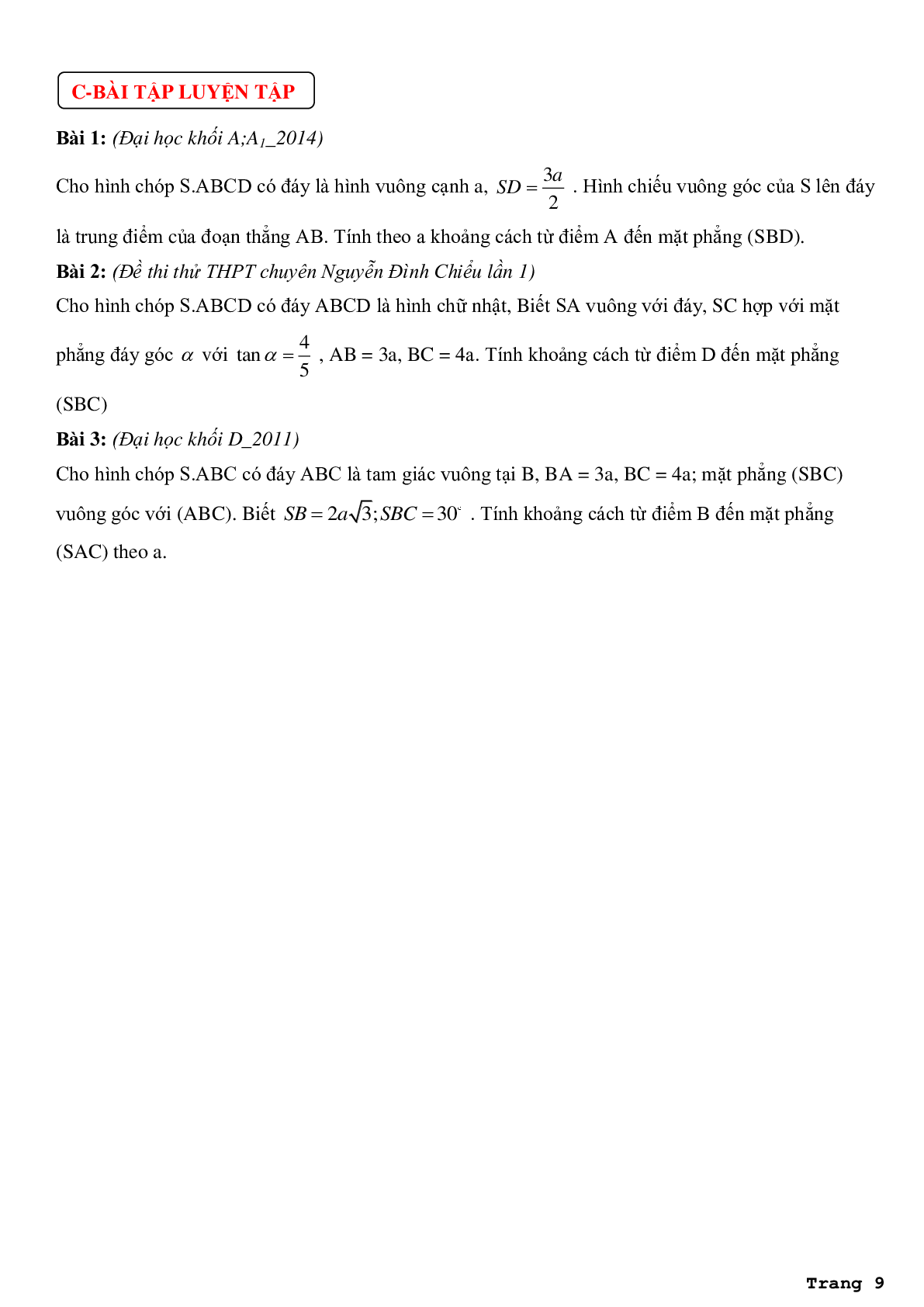 Phân dạng bài tập và phương pháp giải bài toán về khoảng cách từ điểm đến mặt phẳng (trang 9)