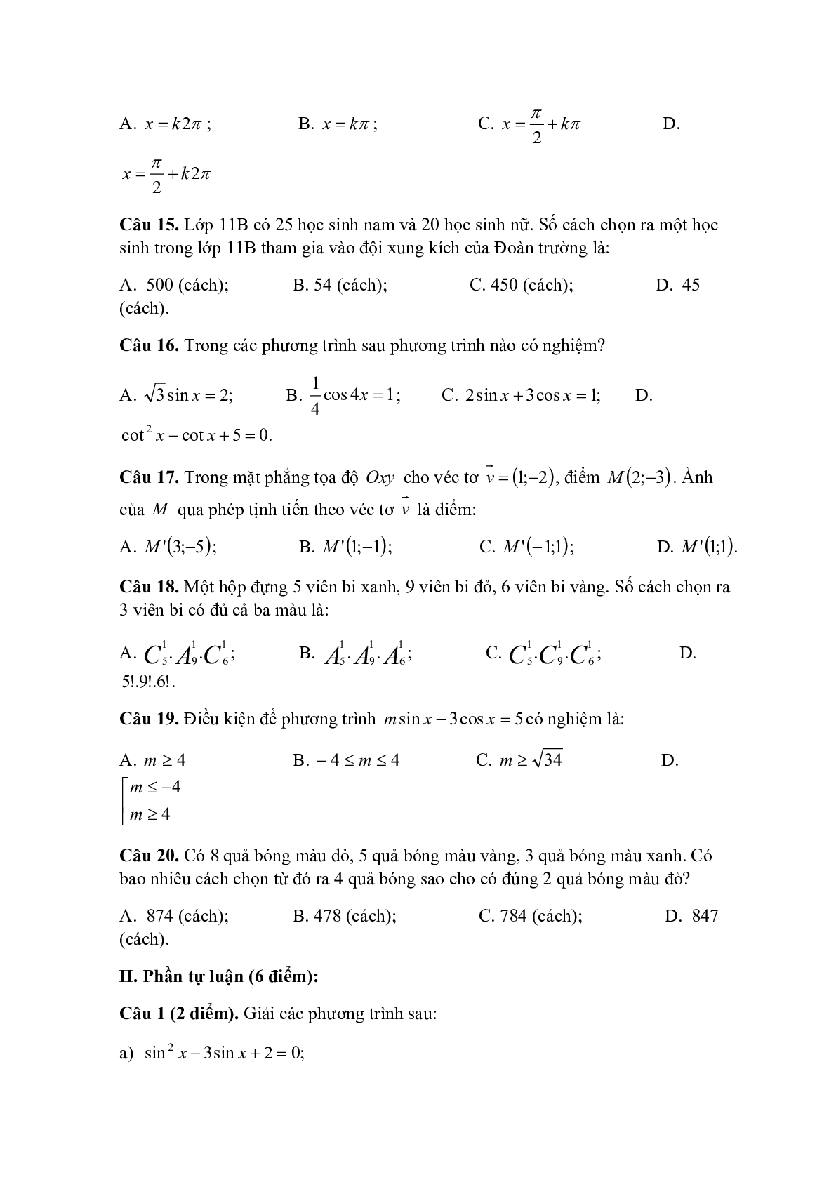 Bộ 2 Đề thi Giữa kì 1 Toán lớp 11 có đáp án (trang 8)