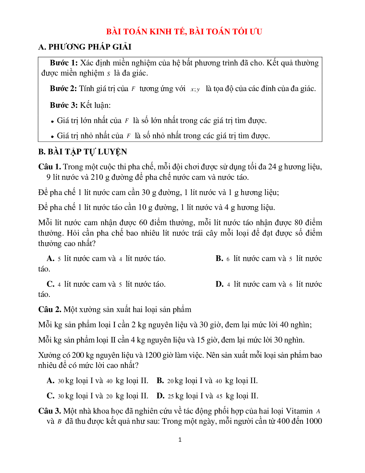Bài tập bài toán kinh tế, bài toán tối ưu Toán 10 (trang 1)