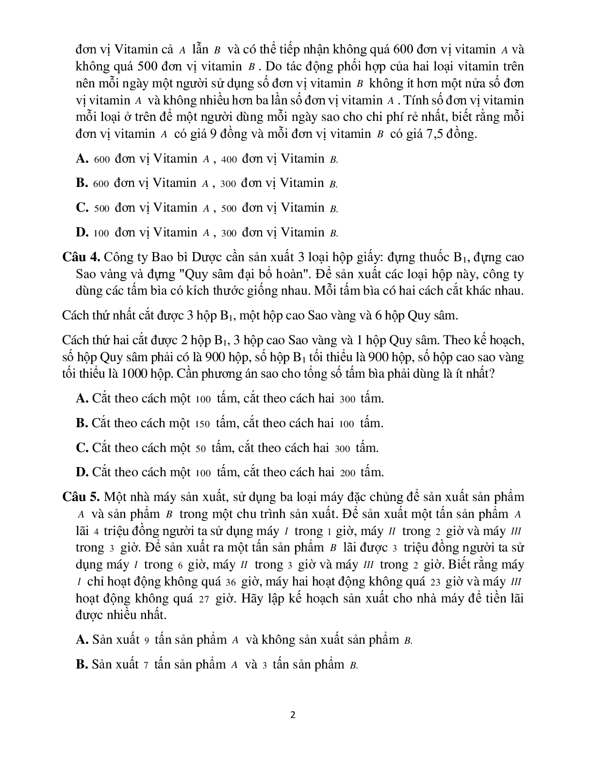 Bài tập bài toán kinh tế, bài toán tối ưu Toán 10 (trang 2)