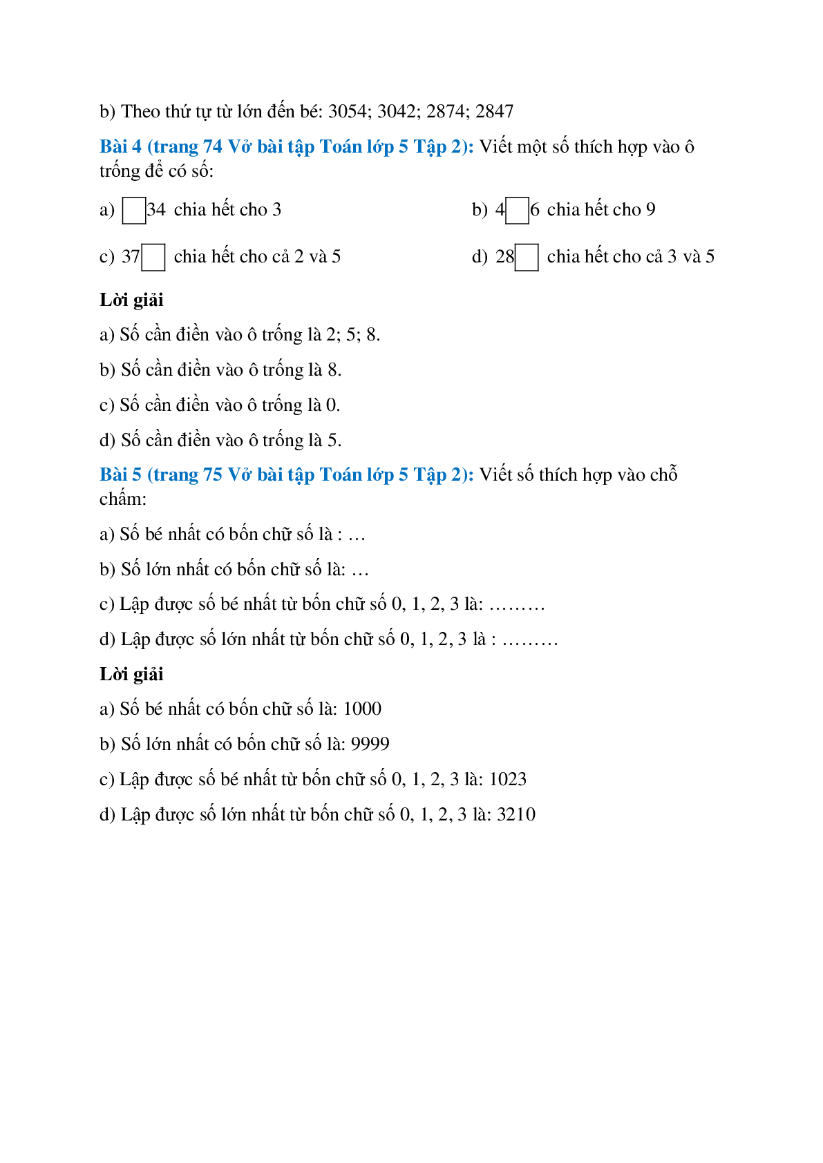 Vở bài tập Toán lớp 5 Tập 2 trang 74, 75 Bài 139: Ôn tập về số tự nhiên (trang 2)