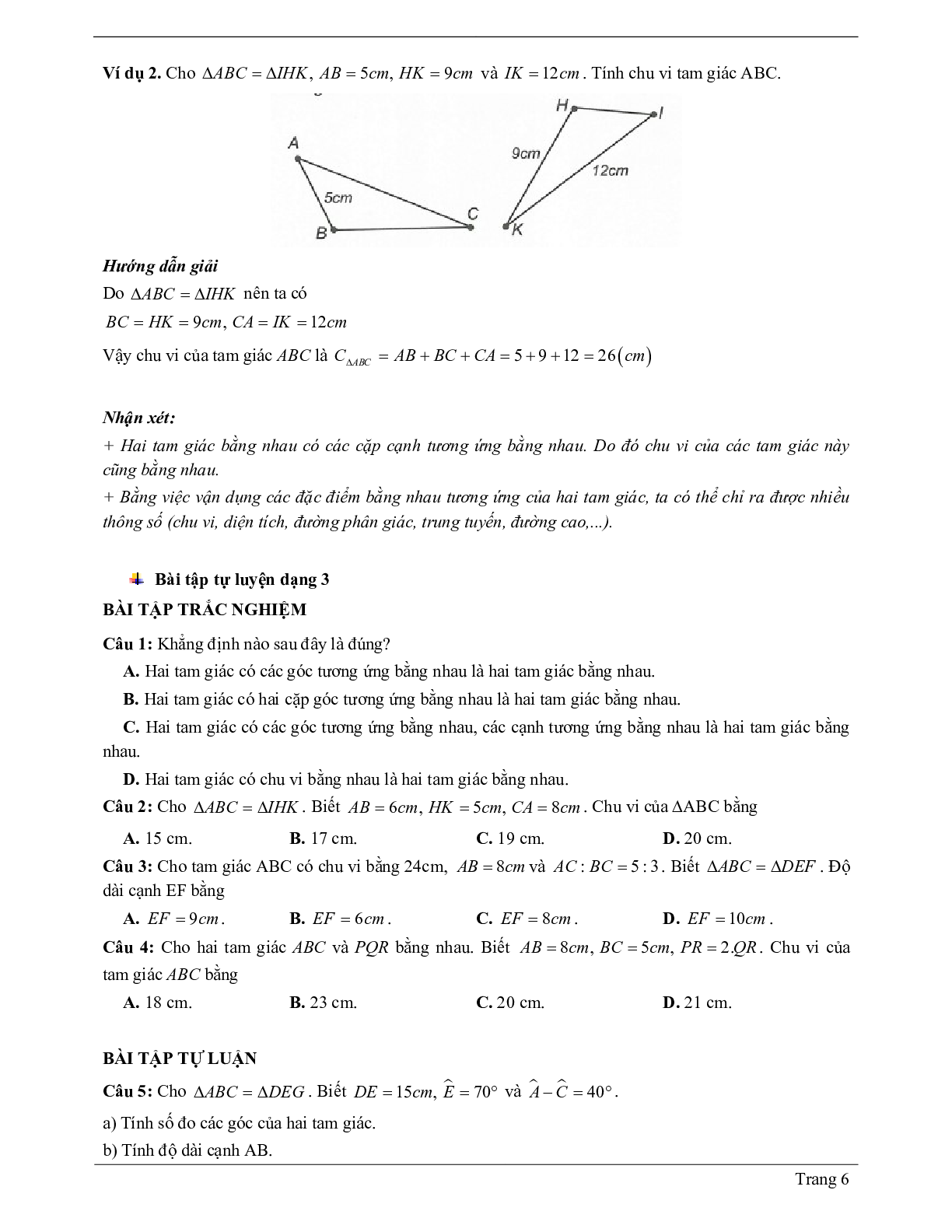 Lý thuyết Toán 7 có đáp án: Hai tam giác bằng nhau (trang 6)