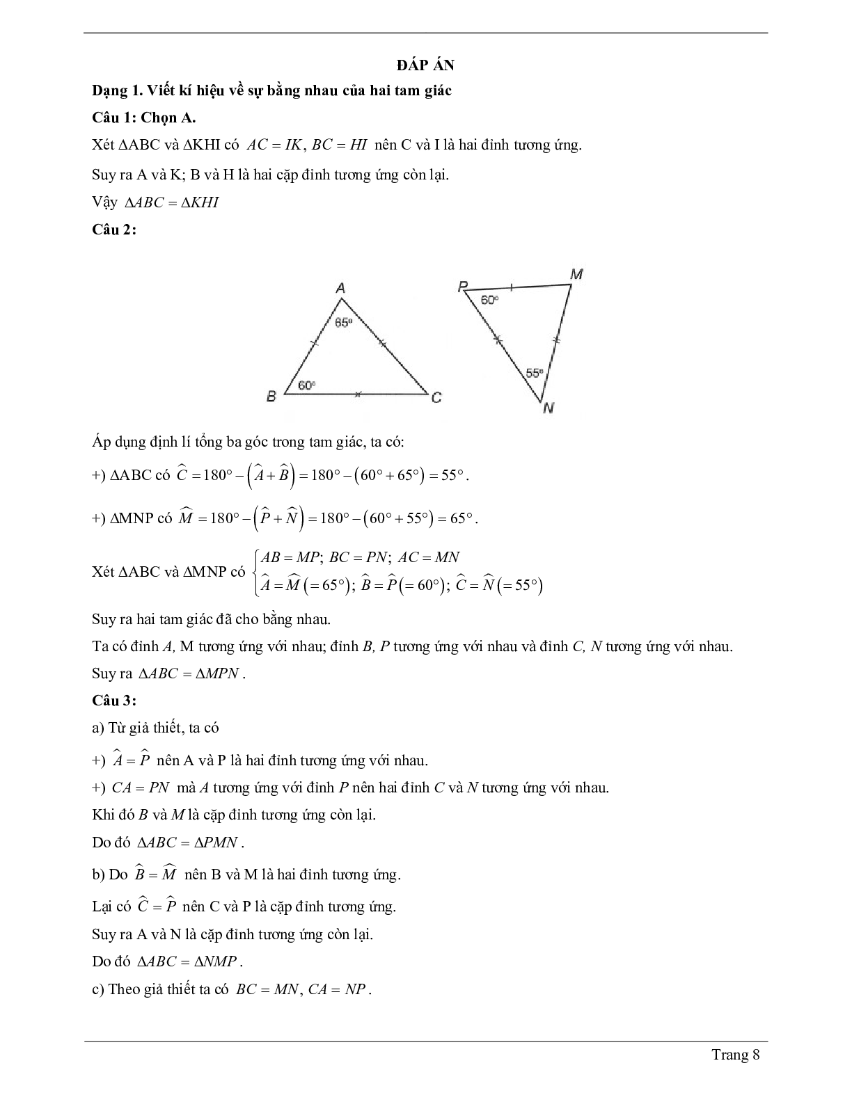 Lý thuyết Toán 7 có đáp án: Hai tam giác bằng nhau (trang 8)