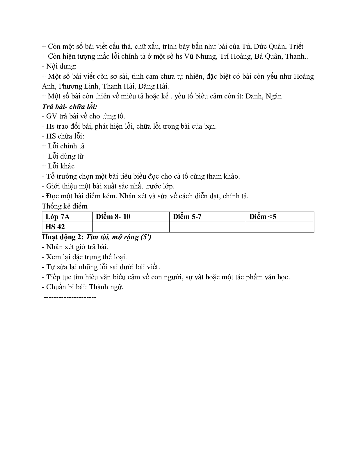 Giáo án ngữ văn lớp 7 Tuần 12 Tiết 47: Trả bài tập làm văn số 2 mới nhất (trang 2)