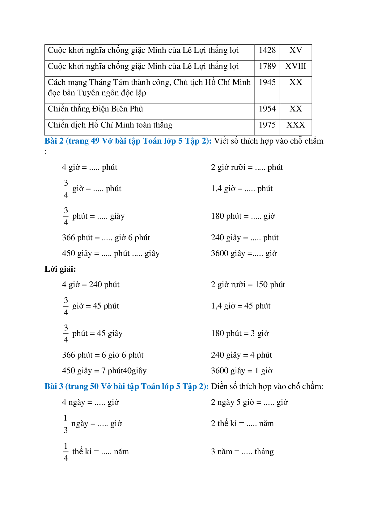 Vở bài tập Toán lớp 5 Tập 2 trang 49, 50 Bài 122: Bảng đơn vị đo thời gian (trang 2)