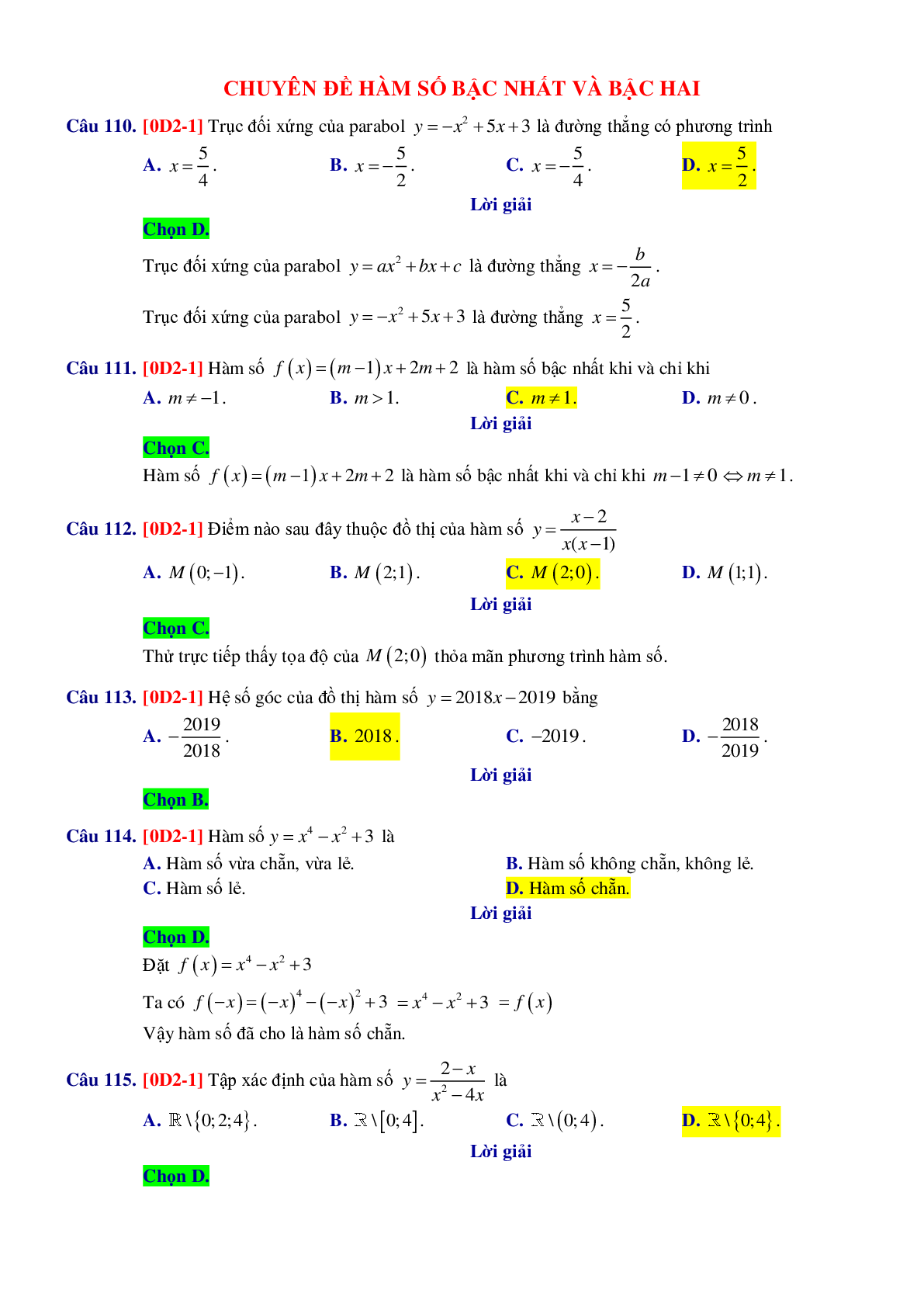 Chuyên đề trắc nghiệm Hàm số bậc nhất và bậc hai - có đáp án chi tiết (trang 1)