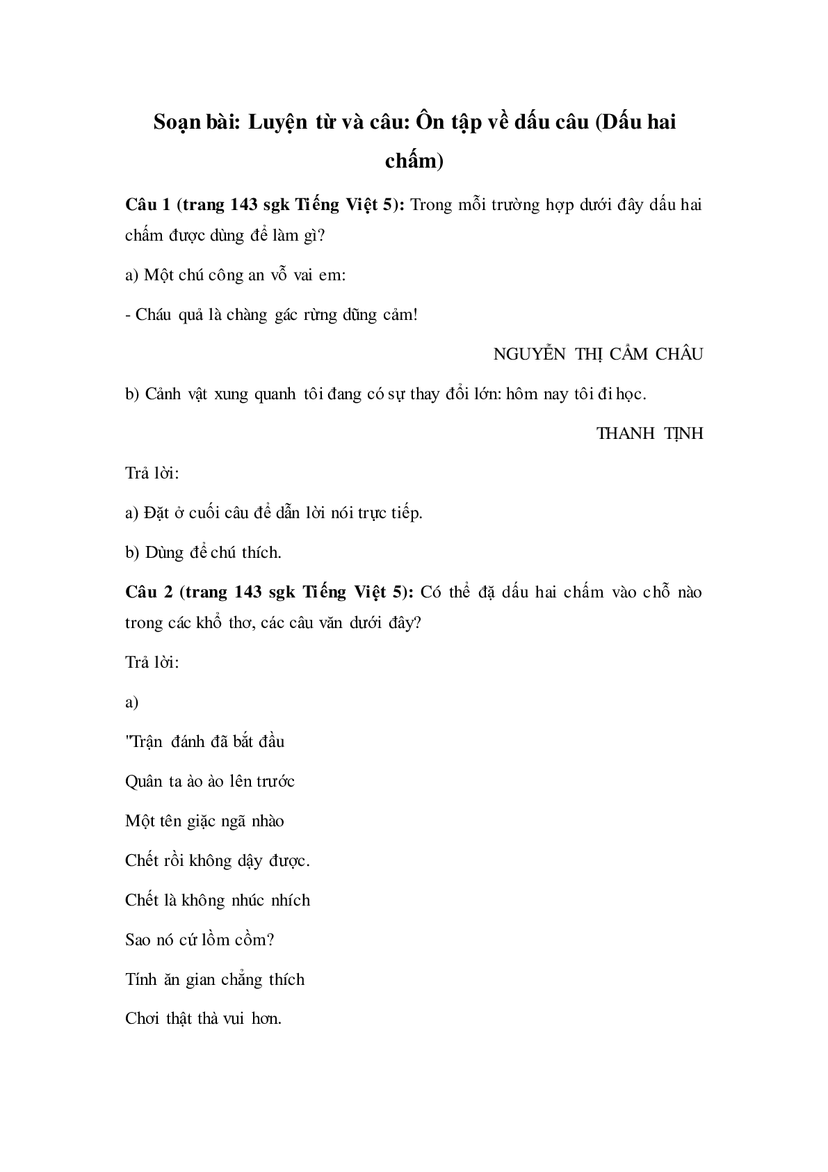 Soạn Tiếng Việt lớp 5: Luyện từ và câu: Ôn tập về dấu câu (Dấu hai chấm) mới nhất (trang 1)