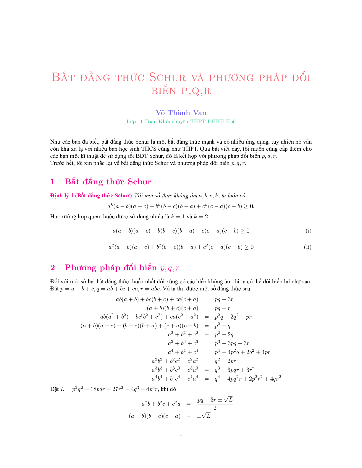 Bất đẳng thức Schur và phương pháp đổi biến P, Q, R 2023 đầy đủ, chi tiết (trang 1)