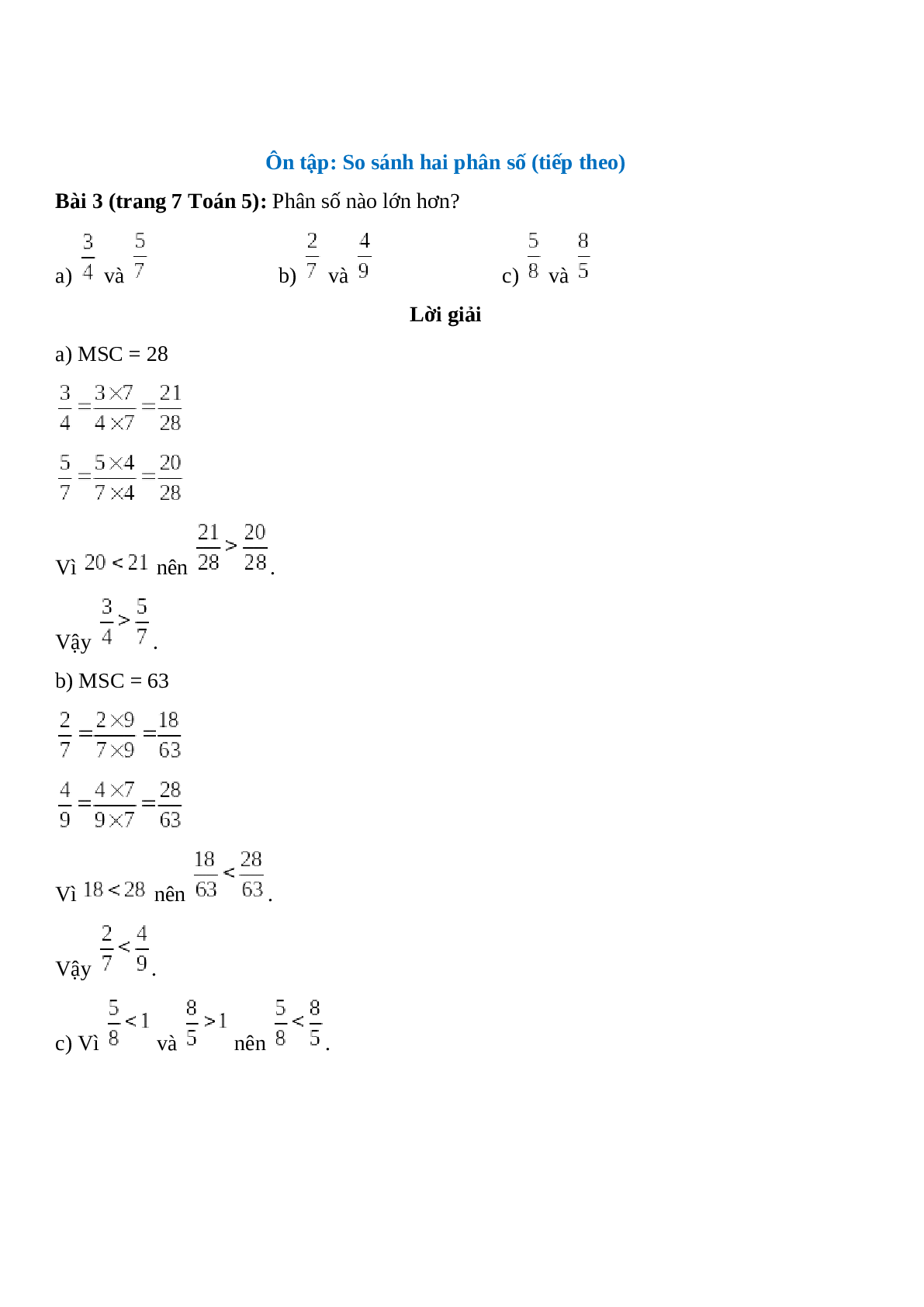 Phân số nào lớn hơn? 3/4 và 5/7; 2/7 và 4/9 (trang 1)