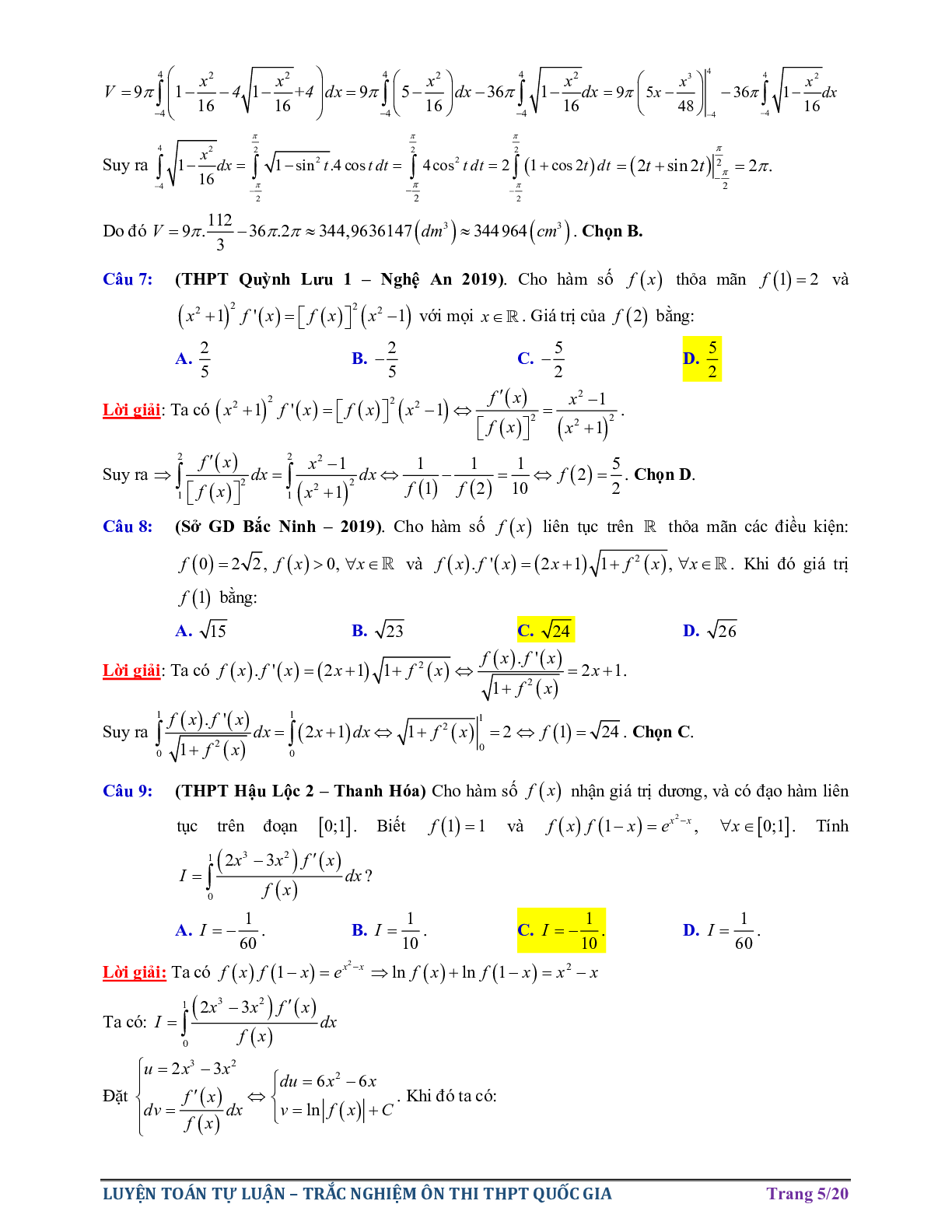 40 câu trắc nghiệm Vận dụng cao Tích phân bám sát Đề minh họa THPTQG môn Toán năm 2021 - có lời giải chi tiết (trang 5)