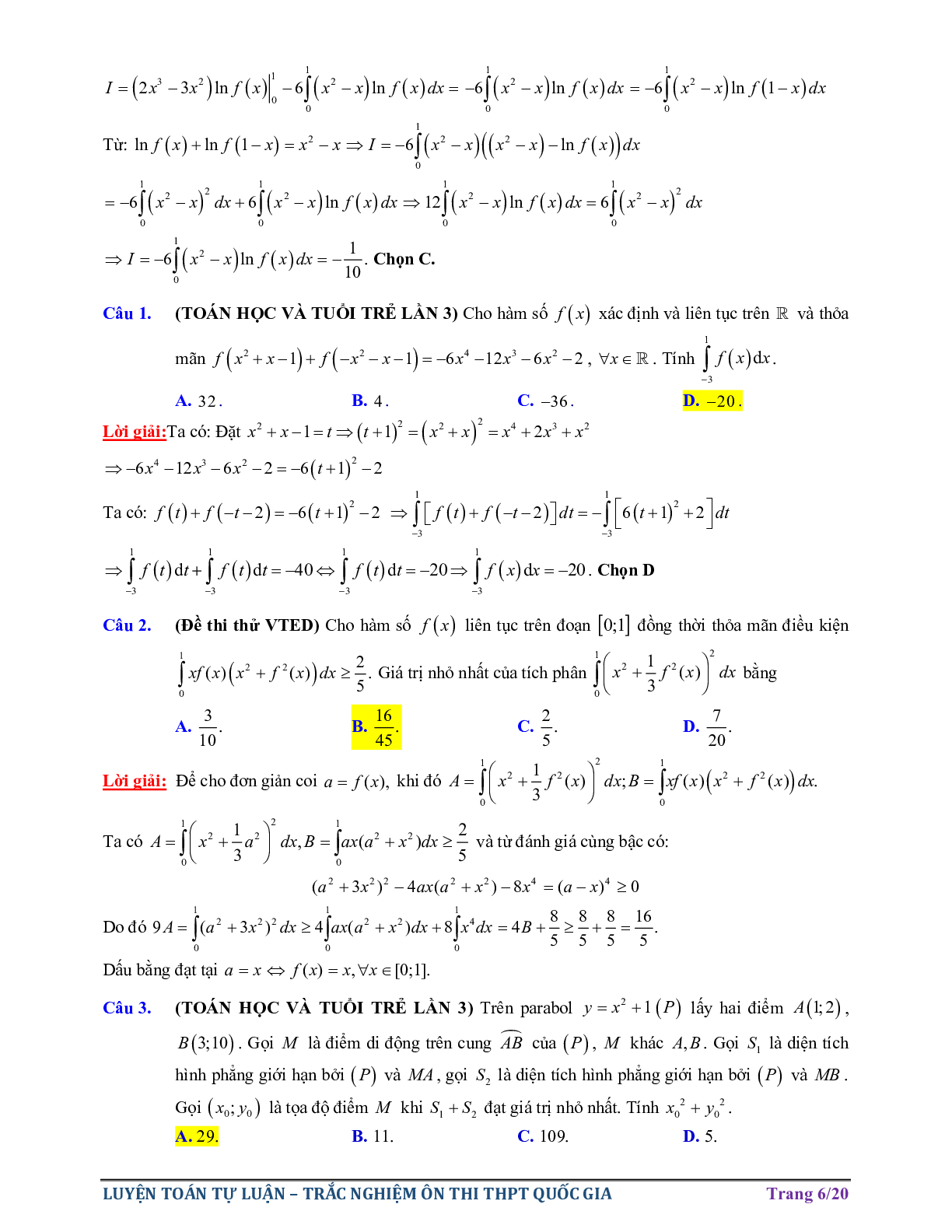 40 câu trắc nghiệm Vận dụng cao Tích phân bám sát Đề minh họa THPTQG môn Toán năm 2021 - có lời giải chi tiết (trang 6)