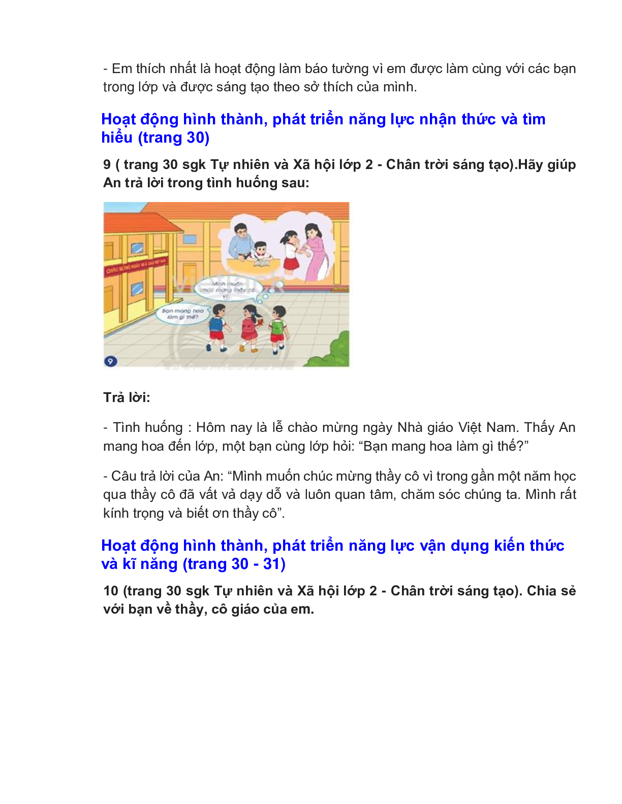 Giải SGK Tự nhiên và Xã hội lớp 2 trang 28, 29, 30, 31 Bài 7: Ngày nhà giáo Việt Nam – Chân trời sáng tạo (trang 5)