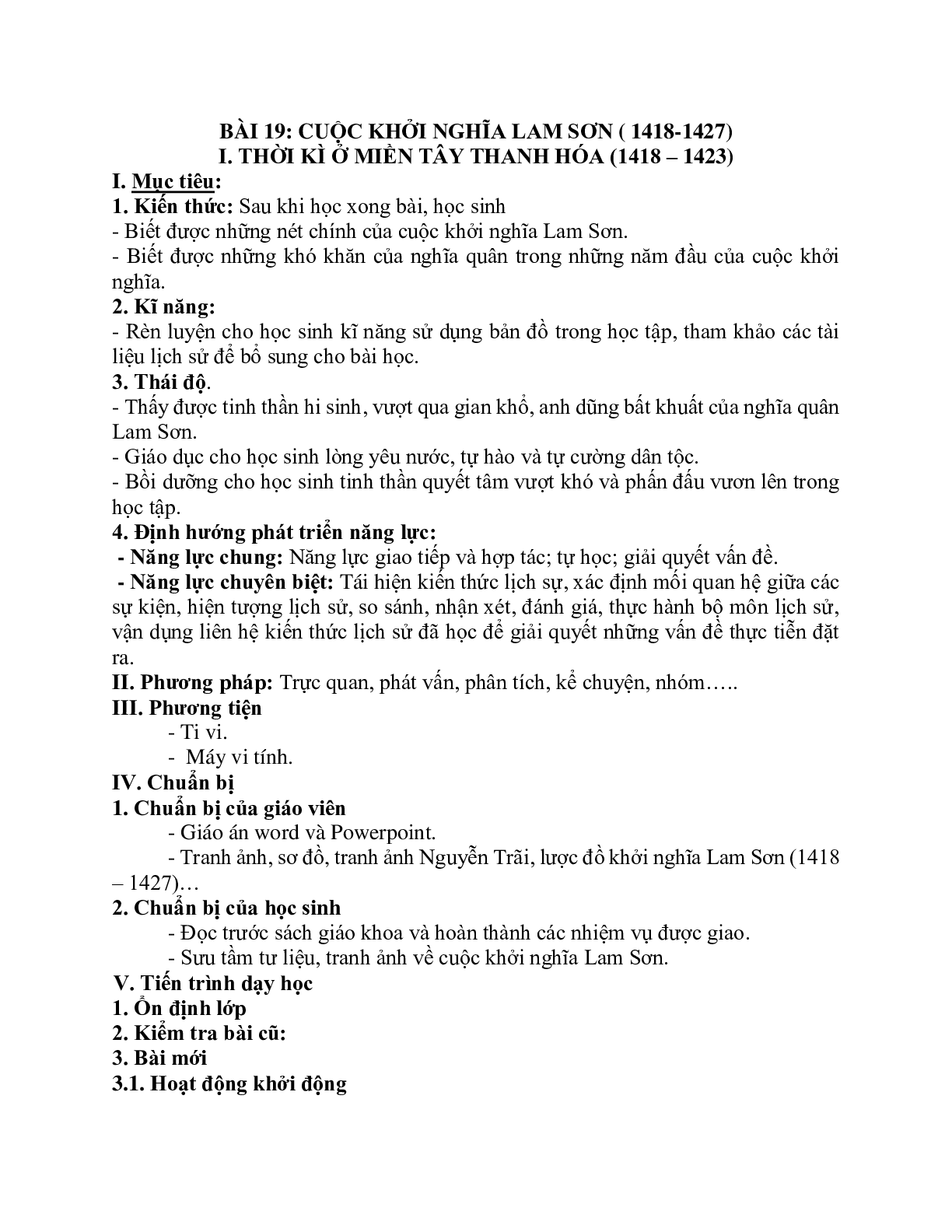 Giáo án Lịch sử 7 Bài 19 Cuộc khởi nghĩa Lam Sơn (1418-1427) tiết 1 mới nhất (trang 1)