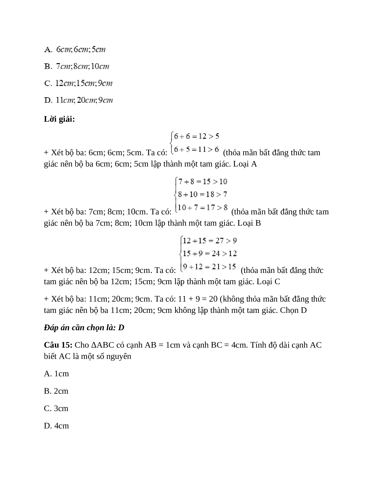 Trắc nghiệm Quan hệ giữa ba cạnh của một tam giác - Bất đẳng thức tam giác có đáp án – Toán lớp 7 (trang 10)