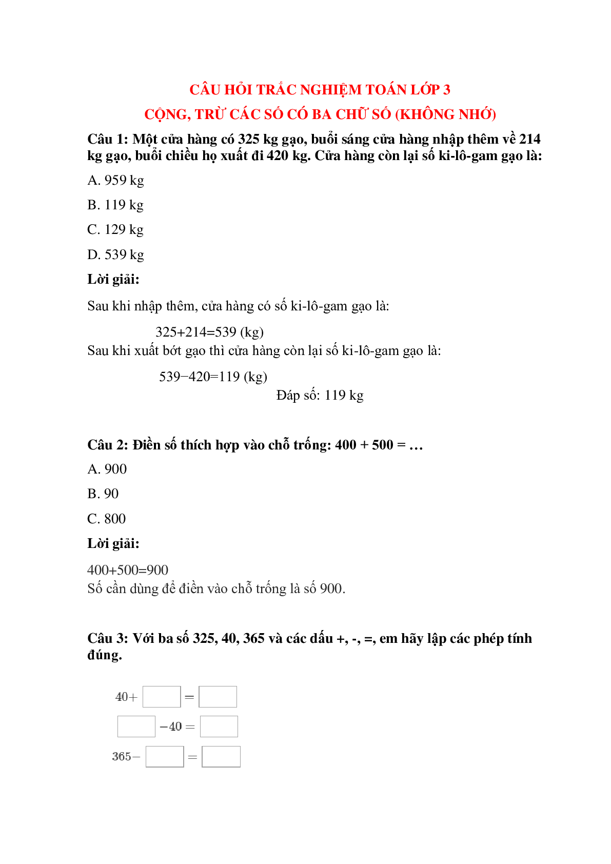 Trắc nghiệm Cộng, trừ các số có ba chữ số (không nhớ) có đáp án – Toán lớp 3 (trang 1)