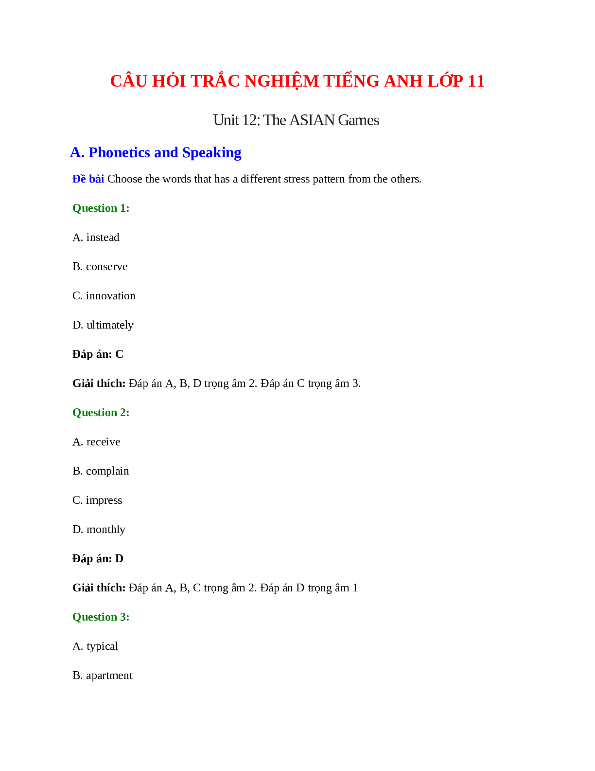 60 câu Trắc nghiệm Tiếng Anh 11 Unit 12 có đáp án 2023: The ASIAN Games (trang 1)
