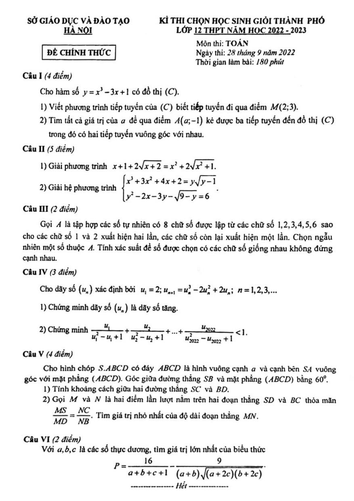 Đề thi HSG Toán 12 cấp thành phố năm 2022 - 2023 sở GD&ĐT Hà Nội (trang 1)