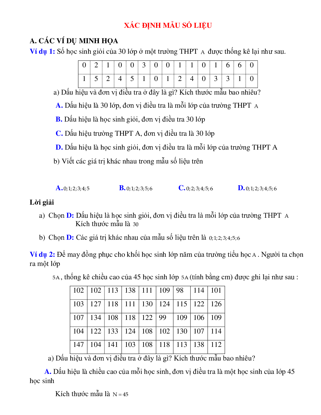 Bài tập tự luyện Xác định mẫu số liệu có đáp án (trang 1)
