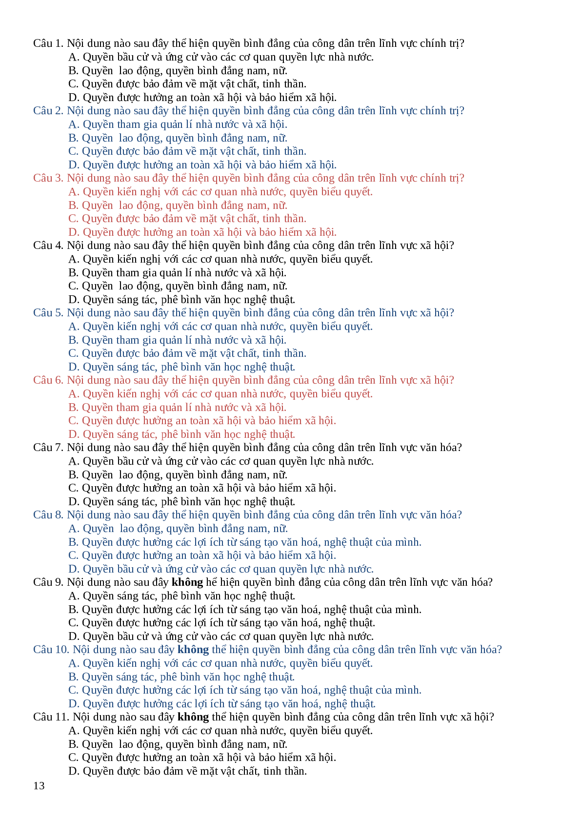 Bài tập trắc nghiệm GDCD 11 bài 8 - 15 có đáp án (trang 9)