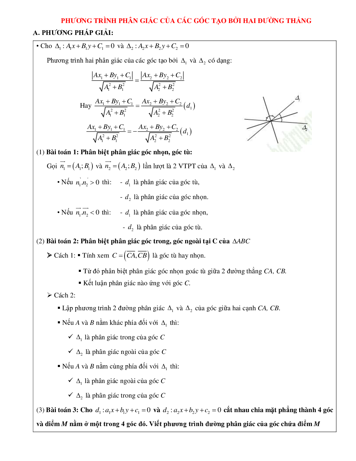 Bài tập về Phương trình phân giác của các góc tạo bởi hai đường thẳng chọn lọc (trang 1)