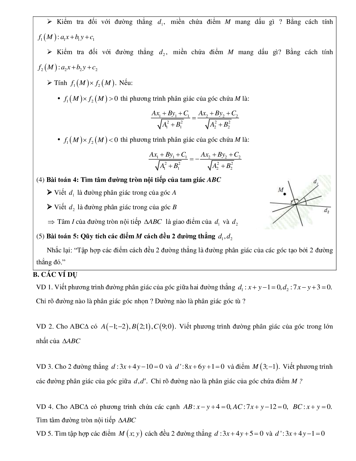 Bài tập về Phương trình phân giác của các góc tạo bởi hai đường thẳng chọn lọc (trang 2)