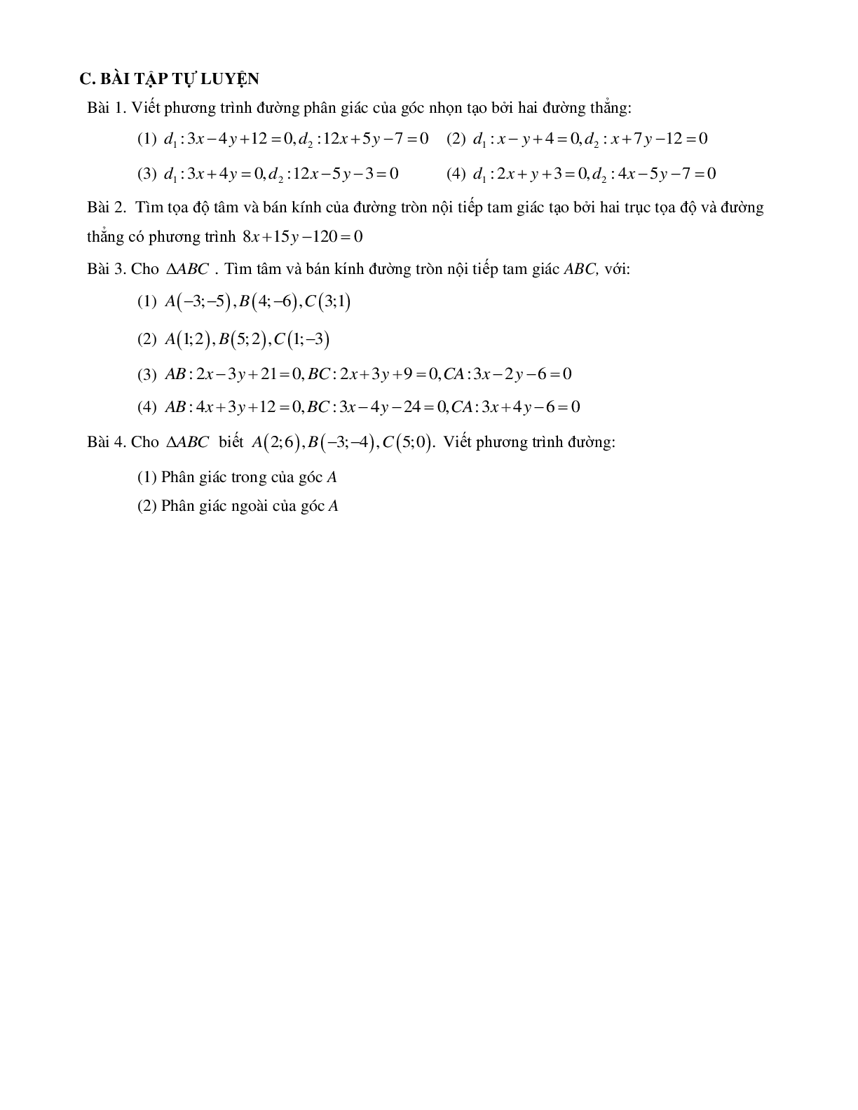 Bài tập về Phương trình phân giác của các góc tạo bởi hai đường thẳng chọn lọc (trang 3)
