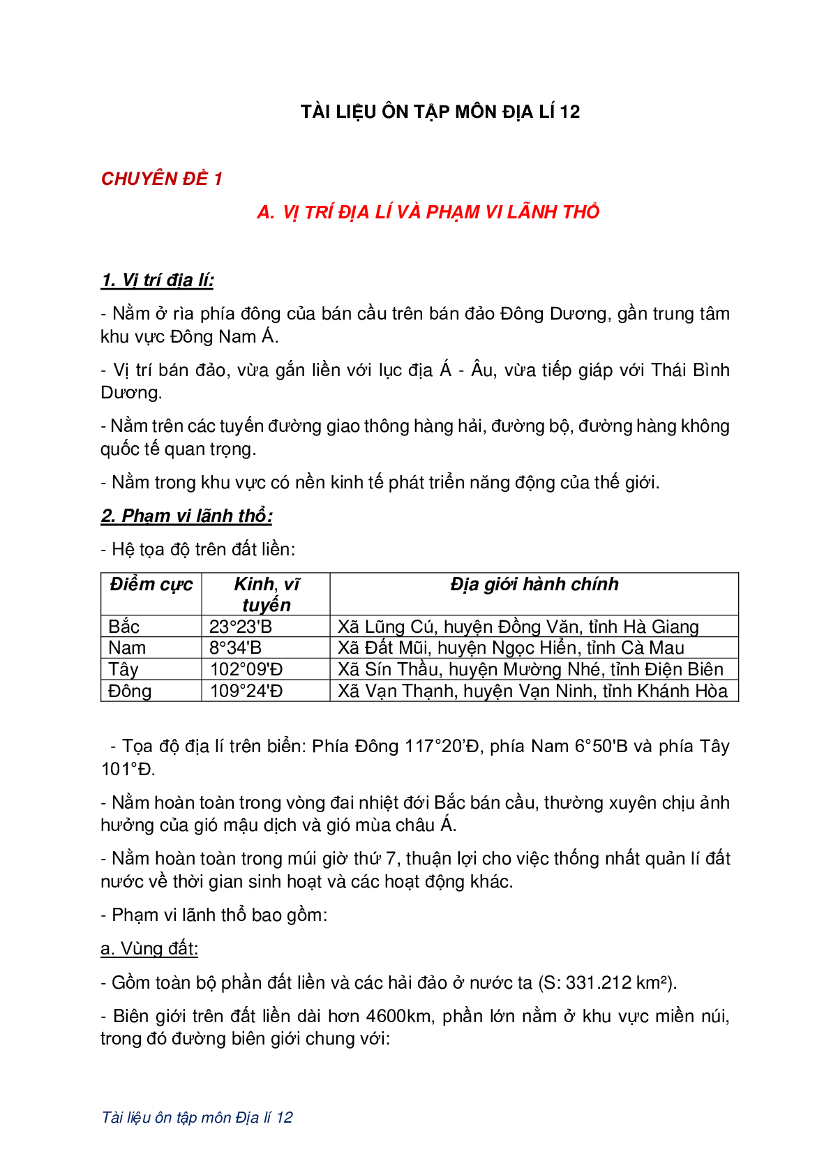 Các chuyên đề ôn tập môn Địa lí lớp 12 (trang 1)