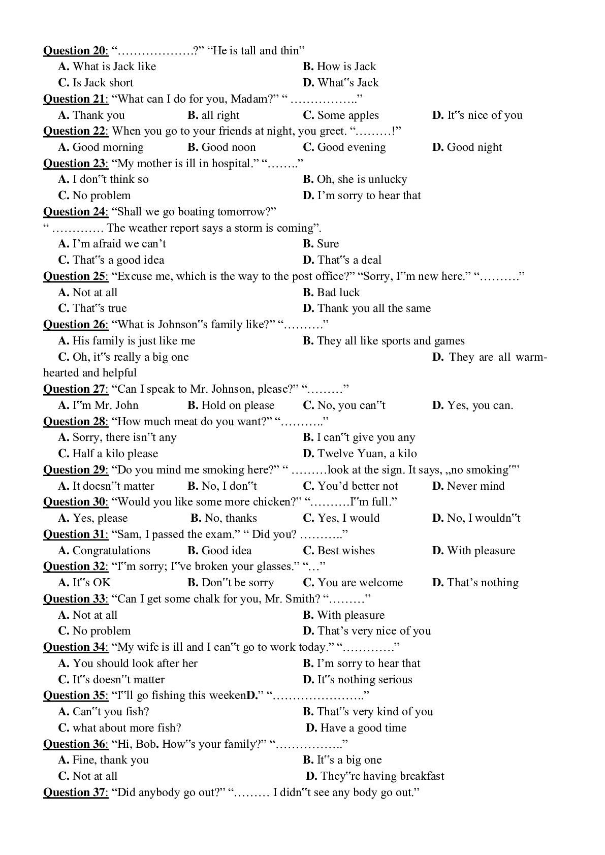 100 câu giao tiếp thường gặp trong đề thi Đại Học môn Tiếng Anh (trang 2)