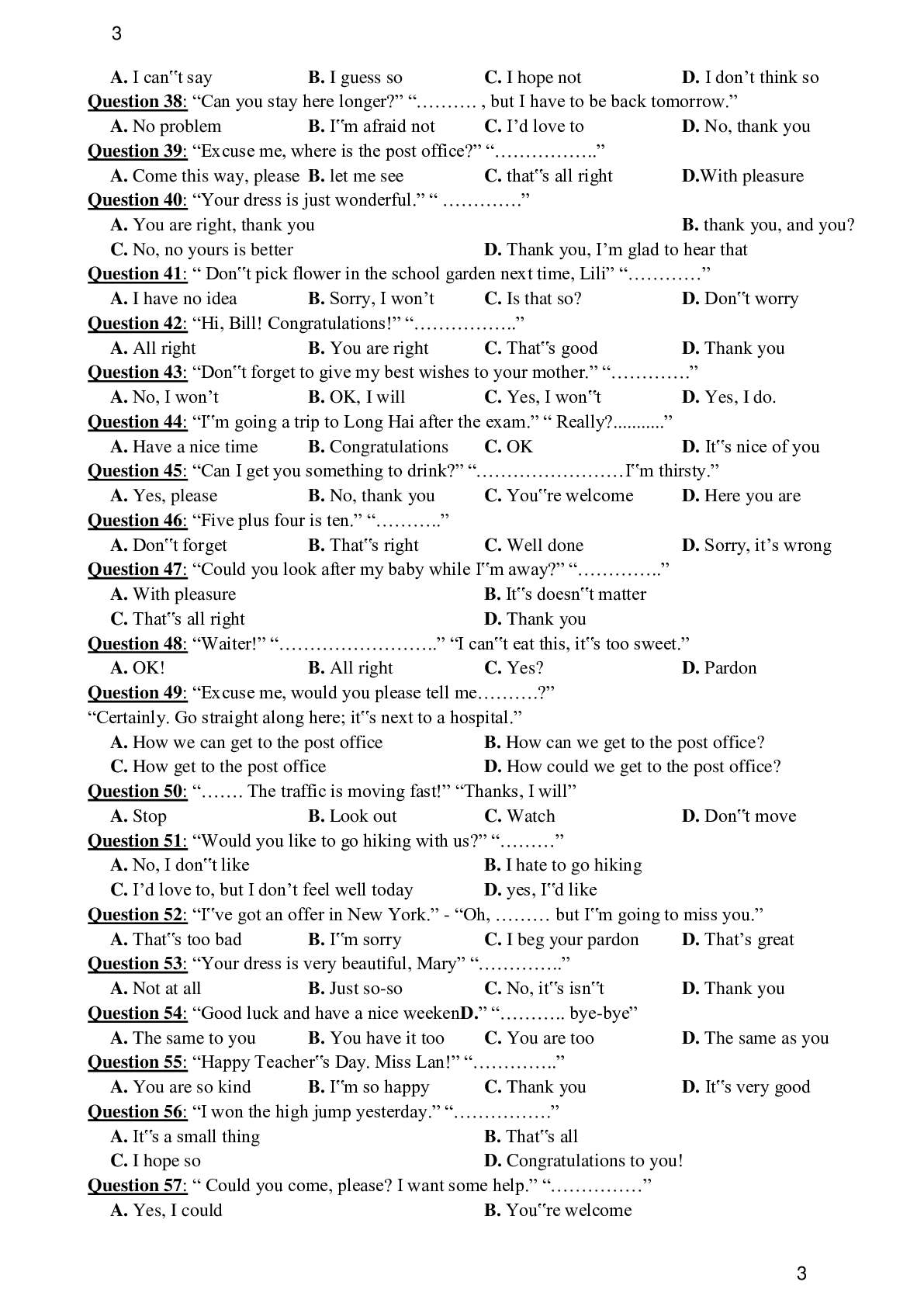 100 câu giao tiếp thường gặp trong đề thi Đại Học môn Tiếng Anh (trang 3)