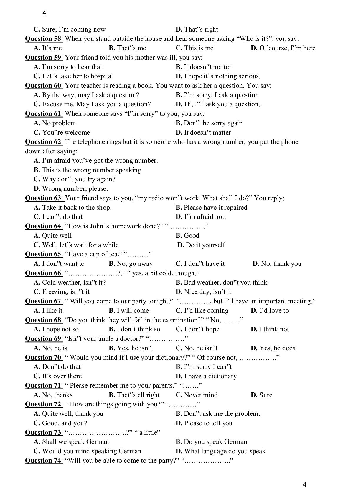 100 câu giao tiếp thường gặp trong đề thi Đại Học môn Tiếng Anh (trang 4)