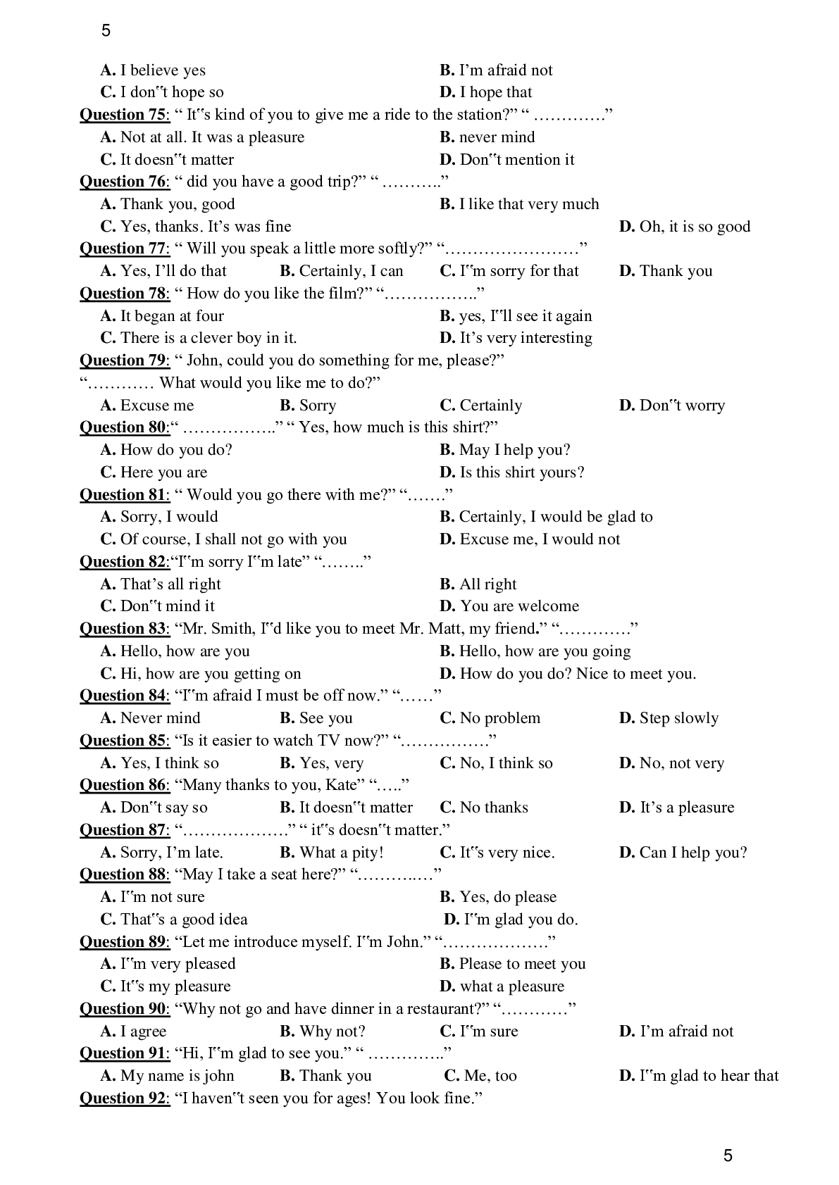 100 câu giao tiếp thường gặp trong đề thi Đại Học môn Tiếng Anh (trang 5)