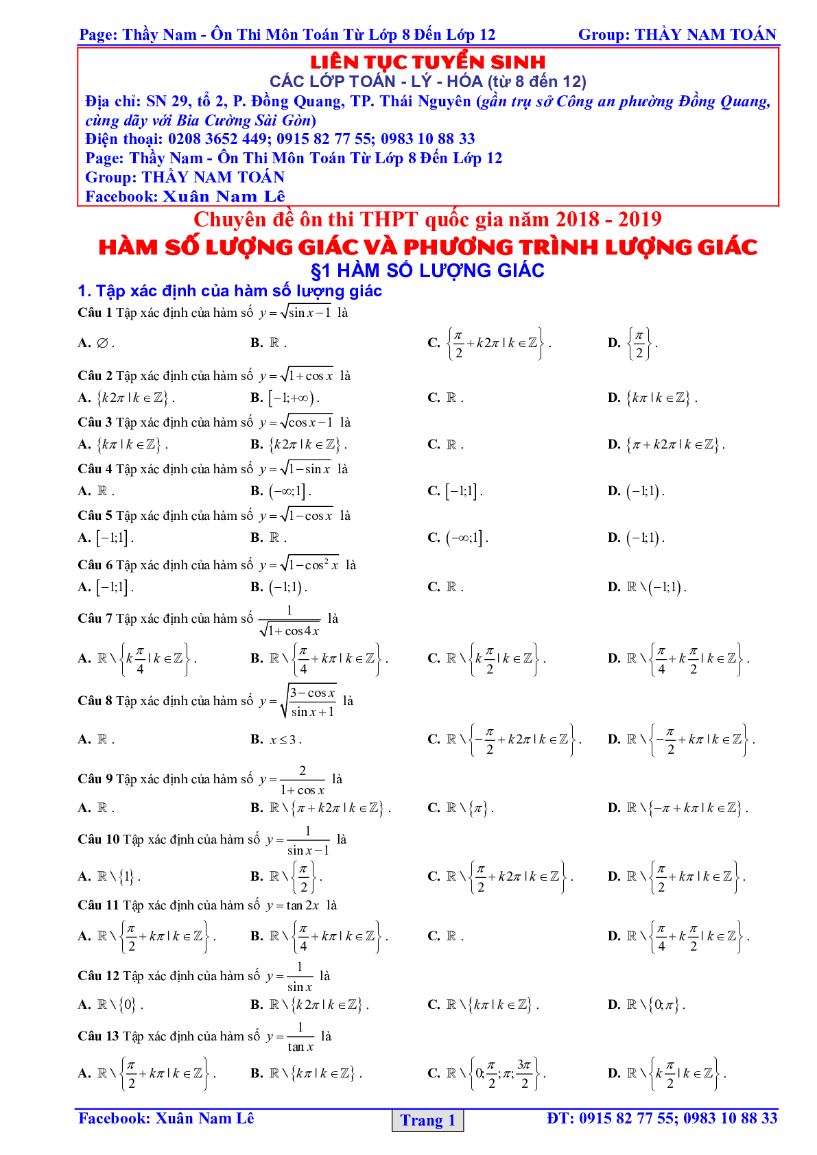 32 Bài tập trắc nghiệm hàm số lượng giác và phương trình lượng giác 2023 – bản 1 (trang 1)