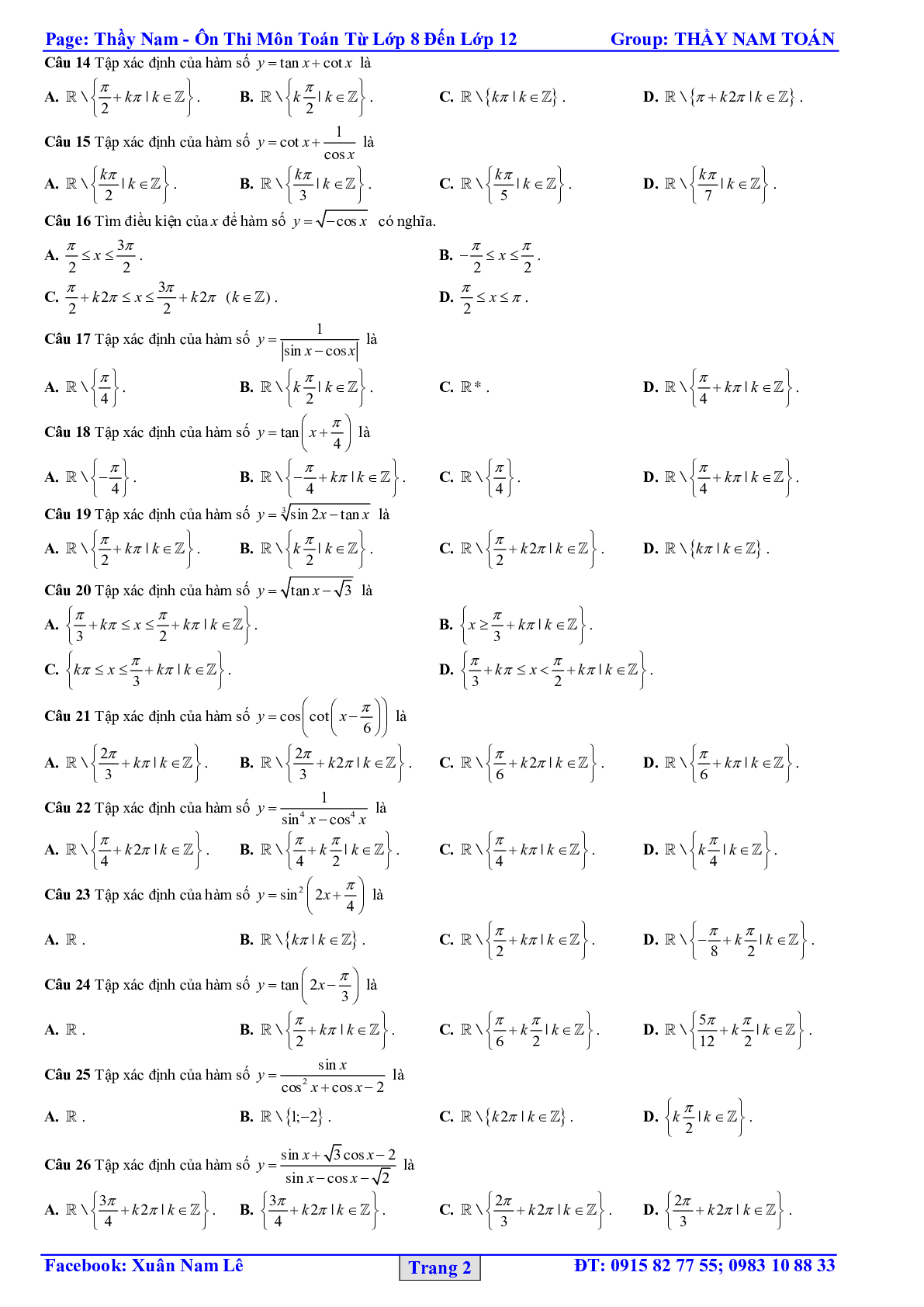 32 Bài tập trắc nghiệm hàm số lượng giác và phương trình lượng giác 2023 – bản 1 (trang 2)