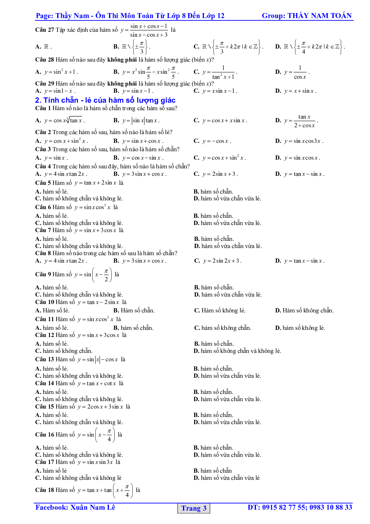 32 Bài tập trắc nghiệm hàm số lượng giác và phương trình lượng giác 2023 – bản 1 (trang 3)