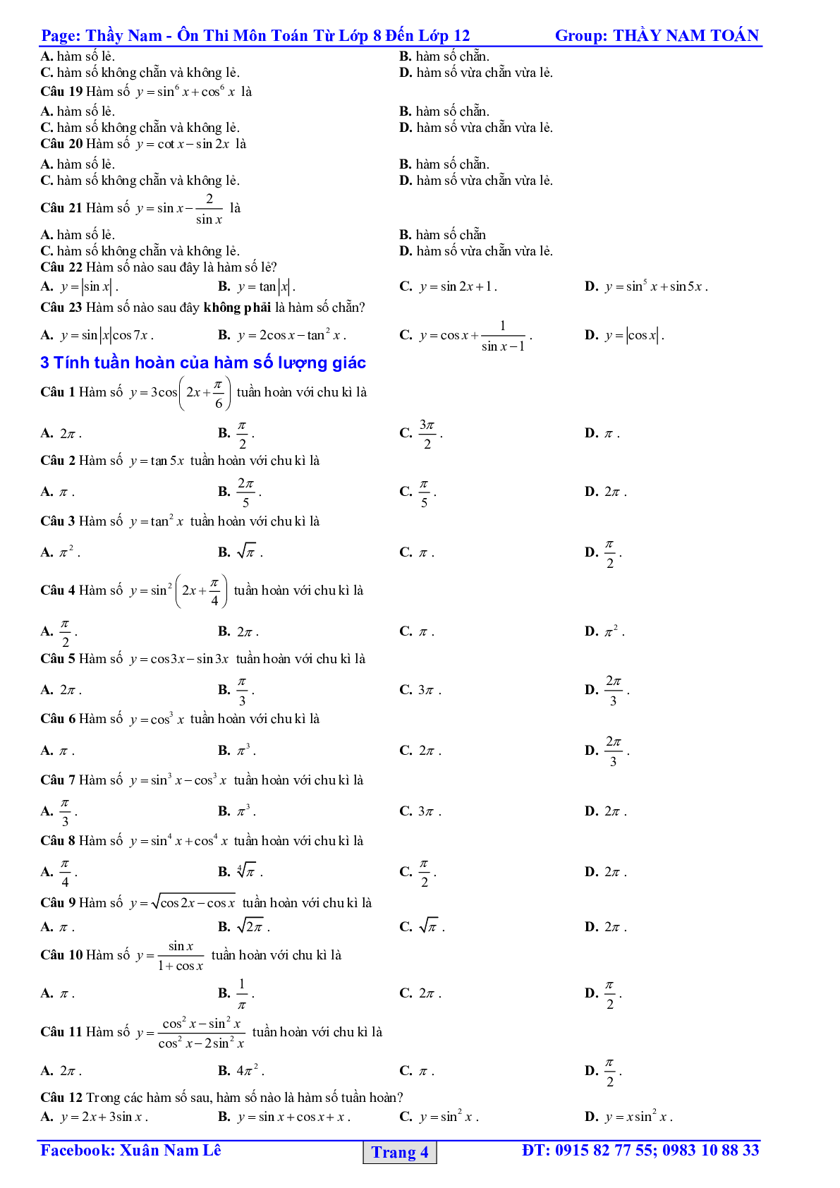 32 Bài tập trắc nghiệm hàm số lượng giác và phương trình lượng giác 2023 – bản 1 (trang 4)
